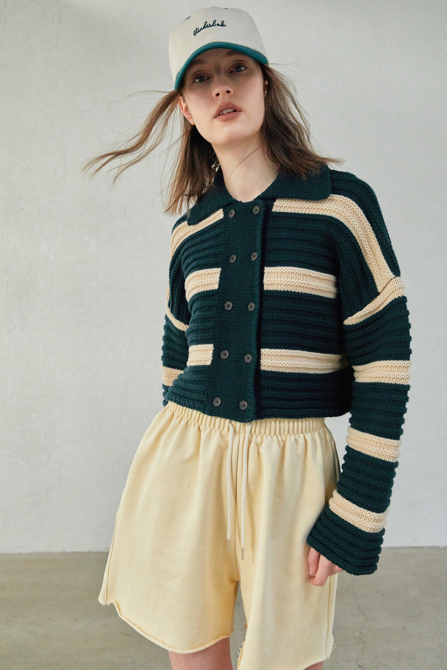 Striped Crop Polo Cardigan, Green & Butter