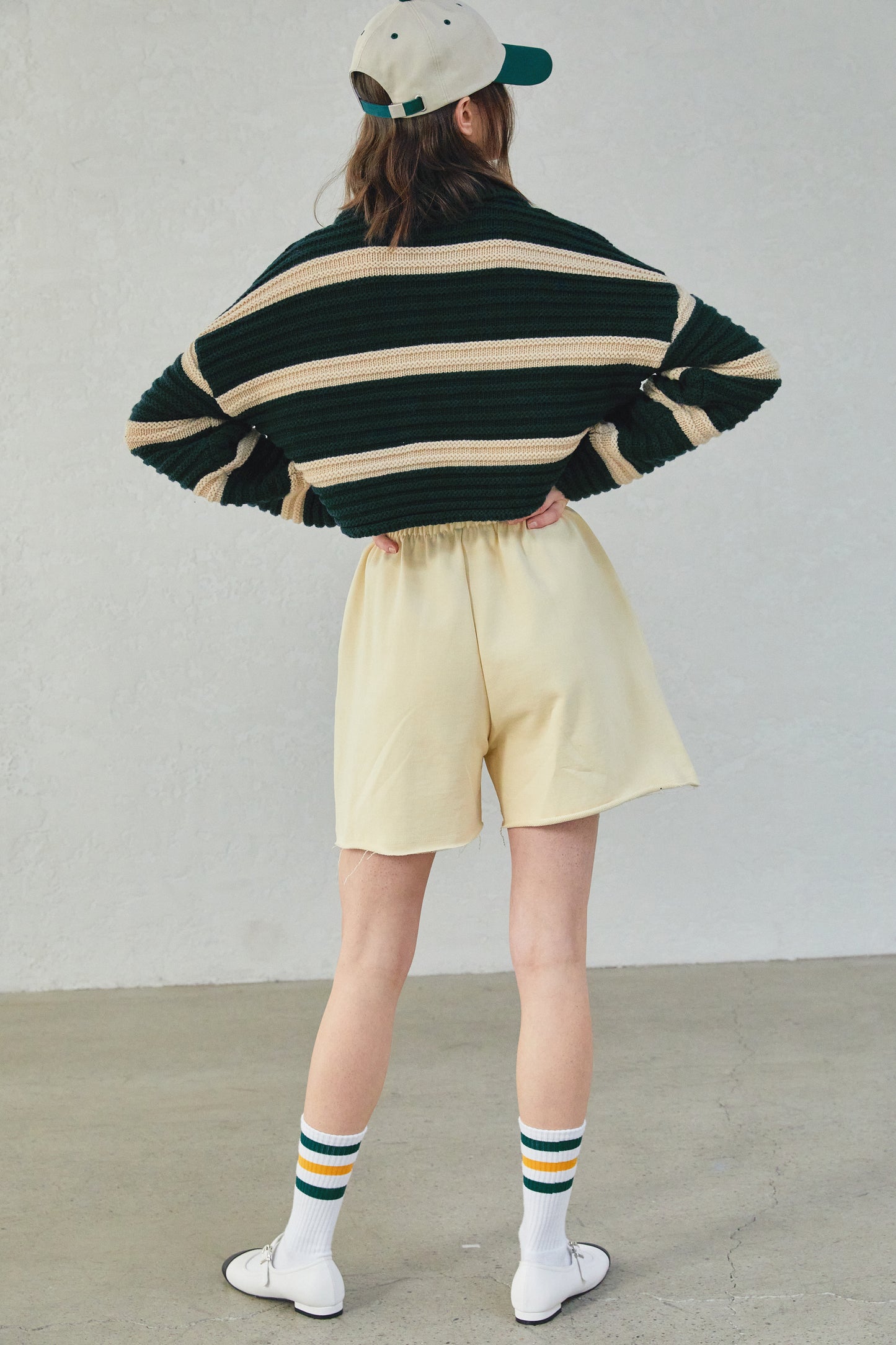 Striped Crop Polo Cardigan, Green & Butter