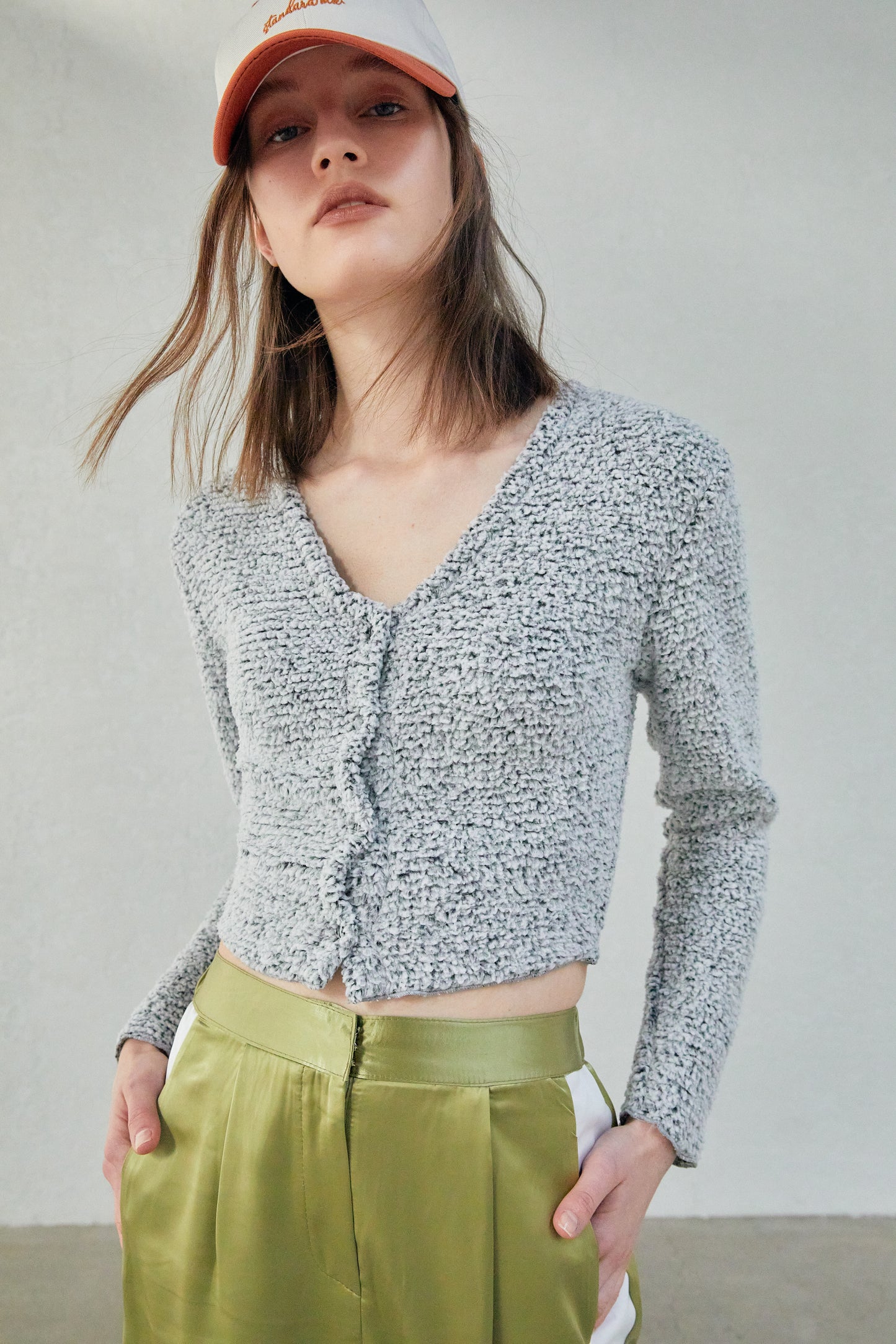 Soft Chenille Cropped Cardigan, Grey