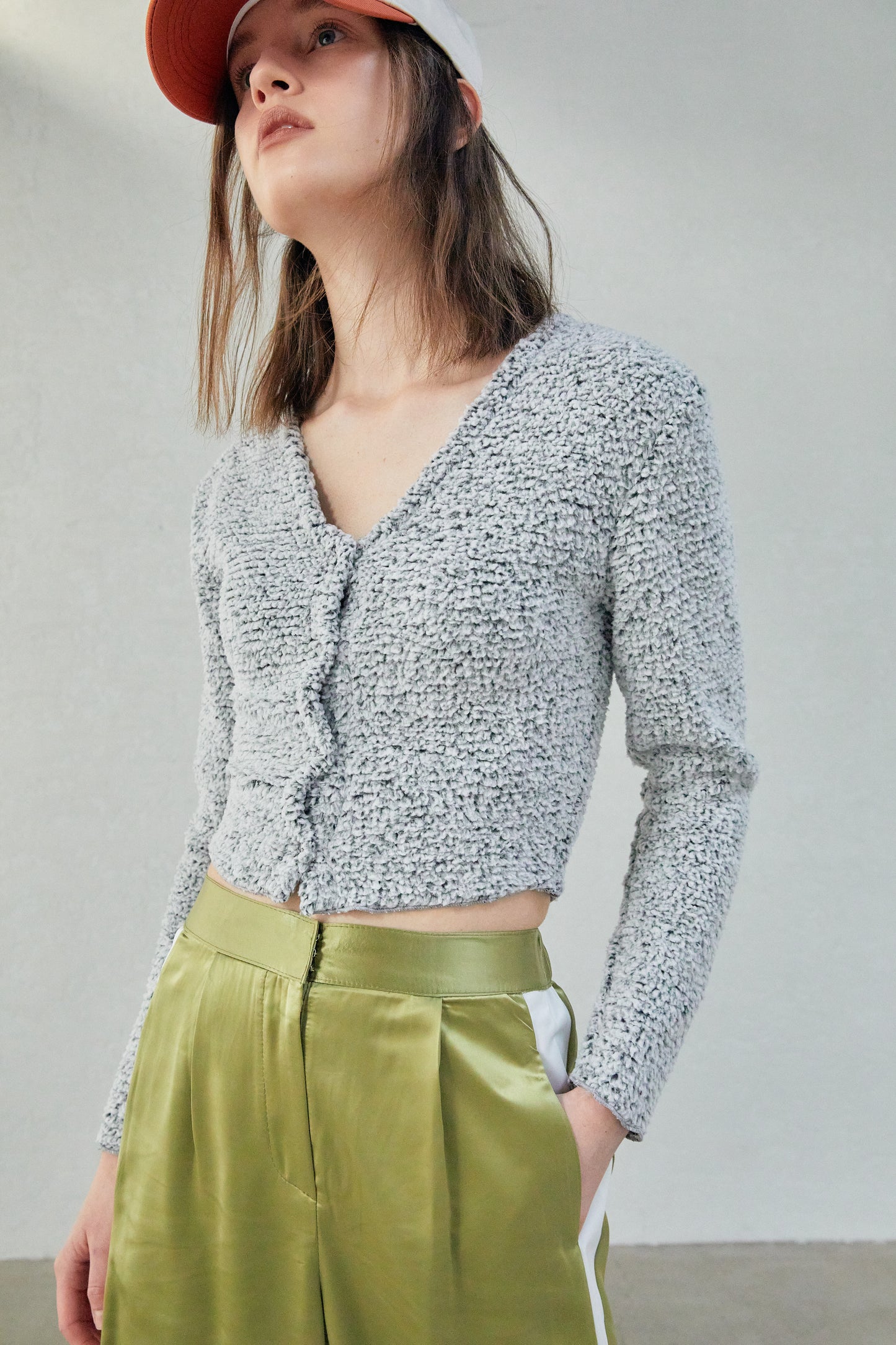 Soft Chenille Cropped Cardigan, Grey