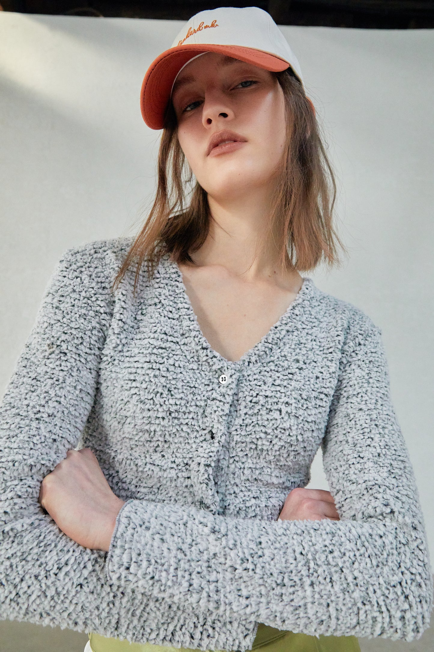Soft Chenille Cropped Cardigan, Grey