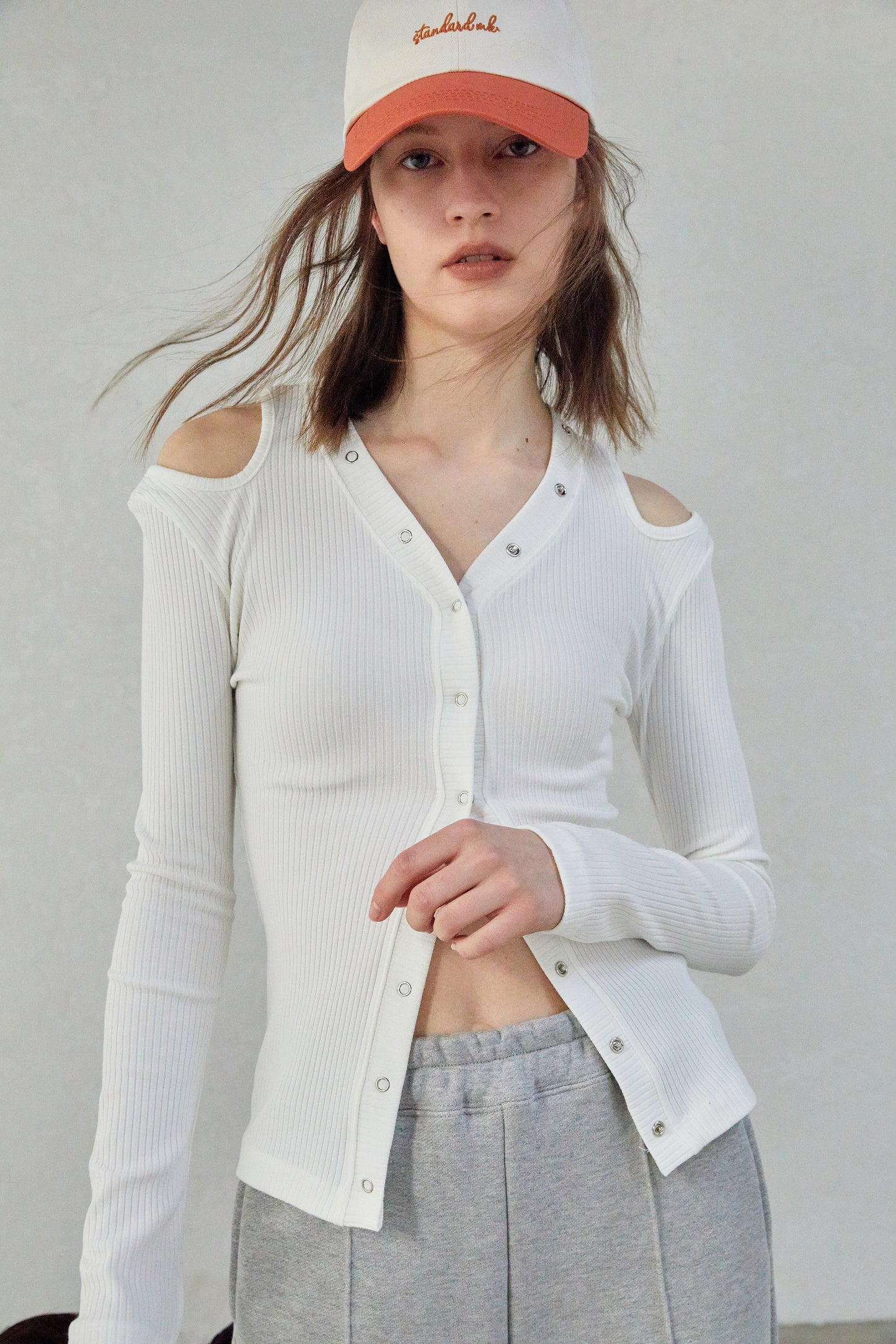 Button Front Cut-Out Ribbed Top, White