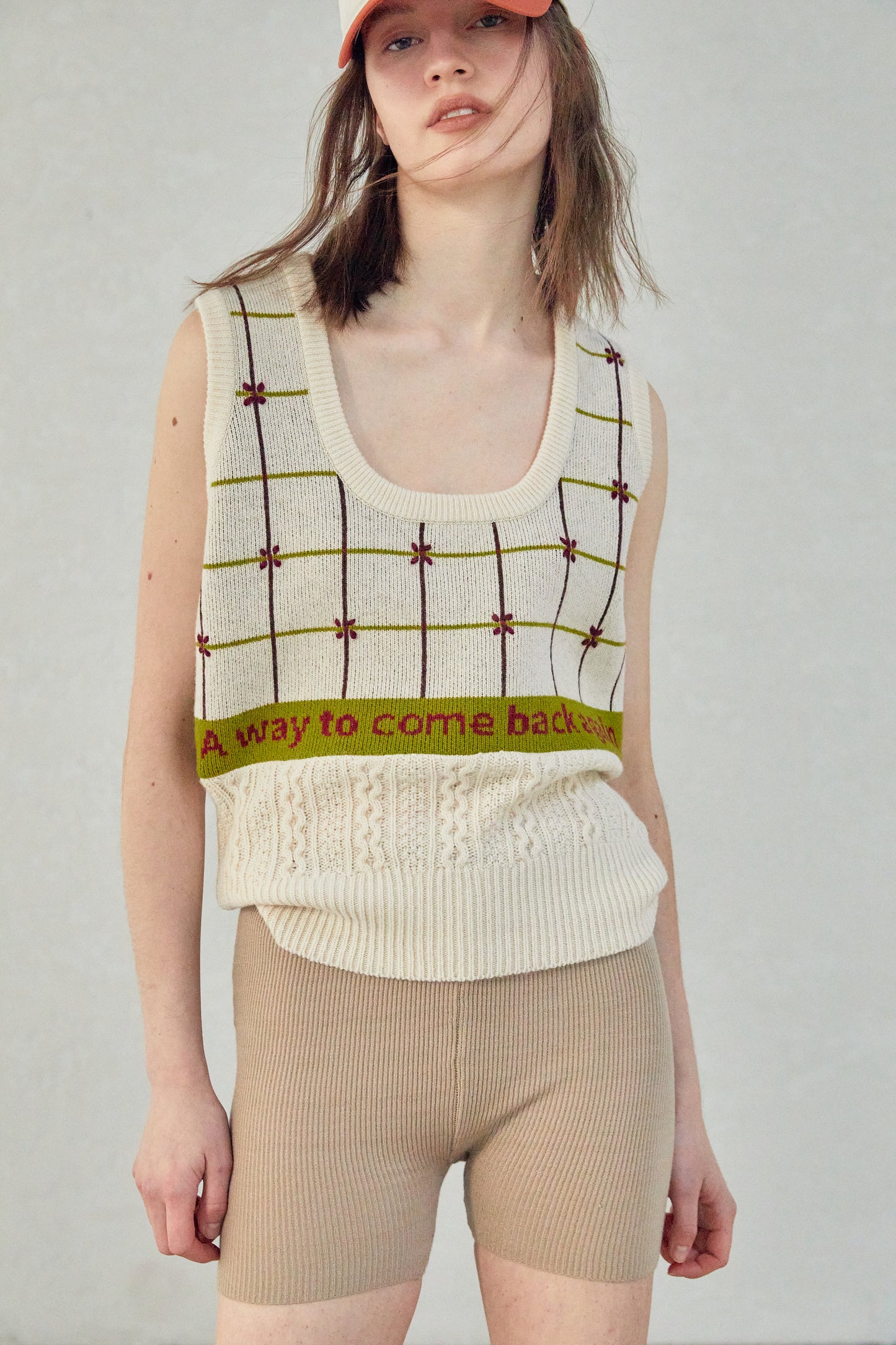 Combination Knit Vest, Beige Melange