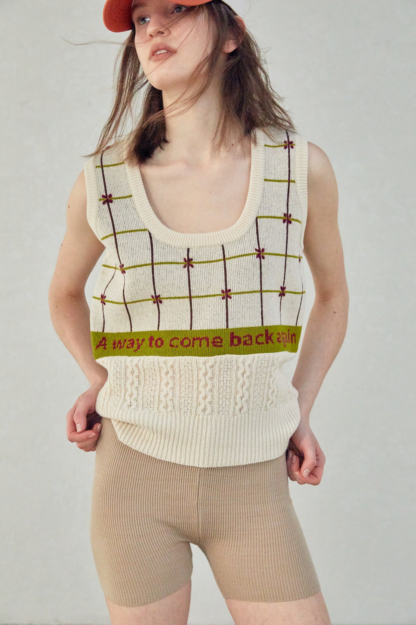 Combination Knit Vest, Beige Melange