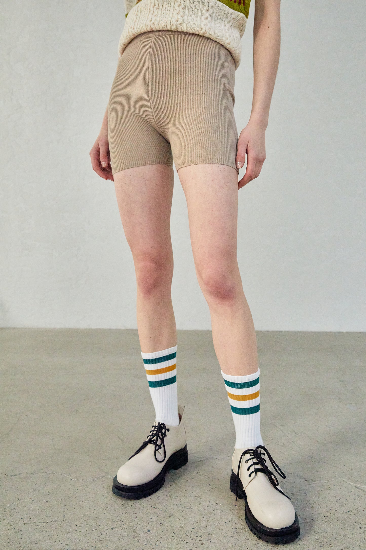 Ribbed Knit Bike Shorts, Beige