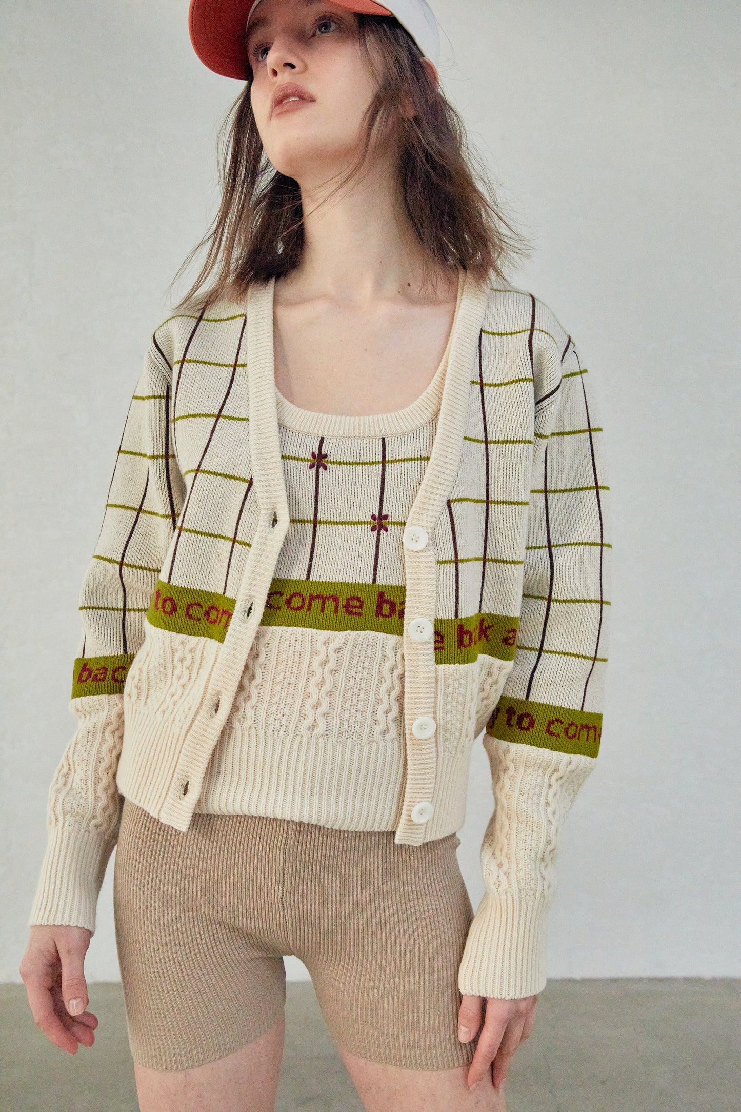 Combination Knit Cardigan, Beige Melange