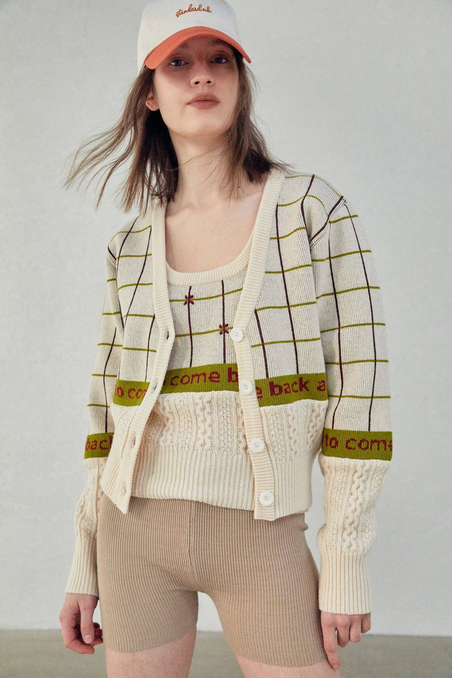 Combination Knit Cardigan, Beige Melange