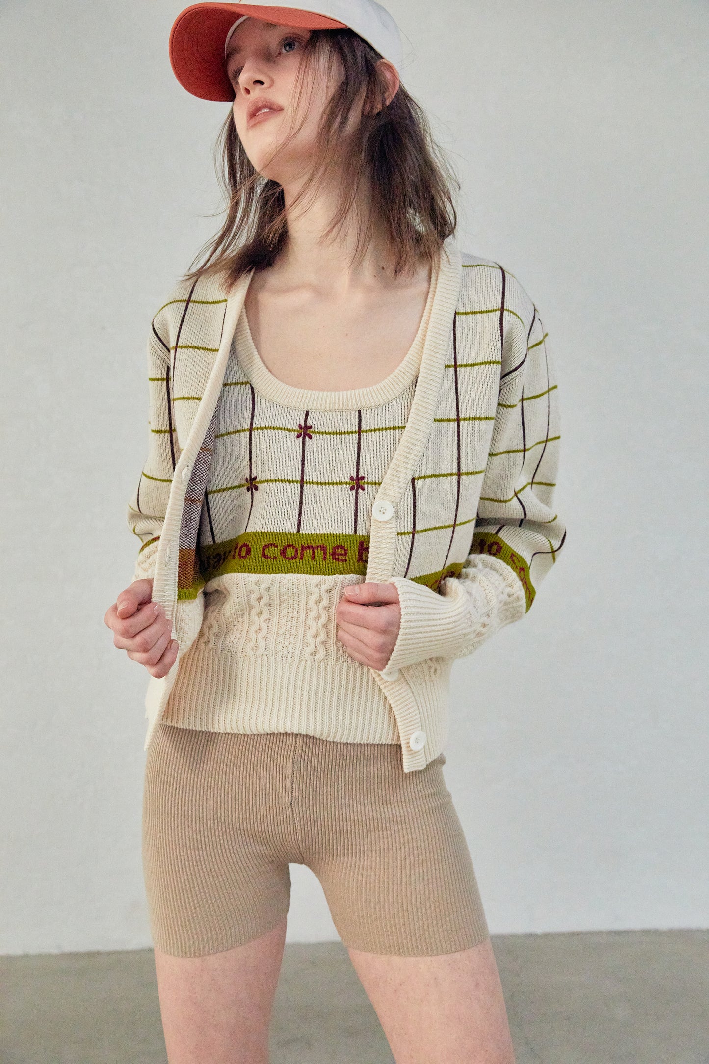 Combination Knit Cardigan, Beige Melange