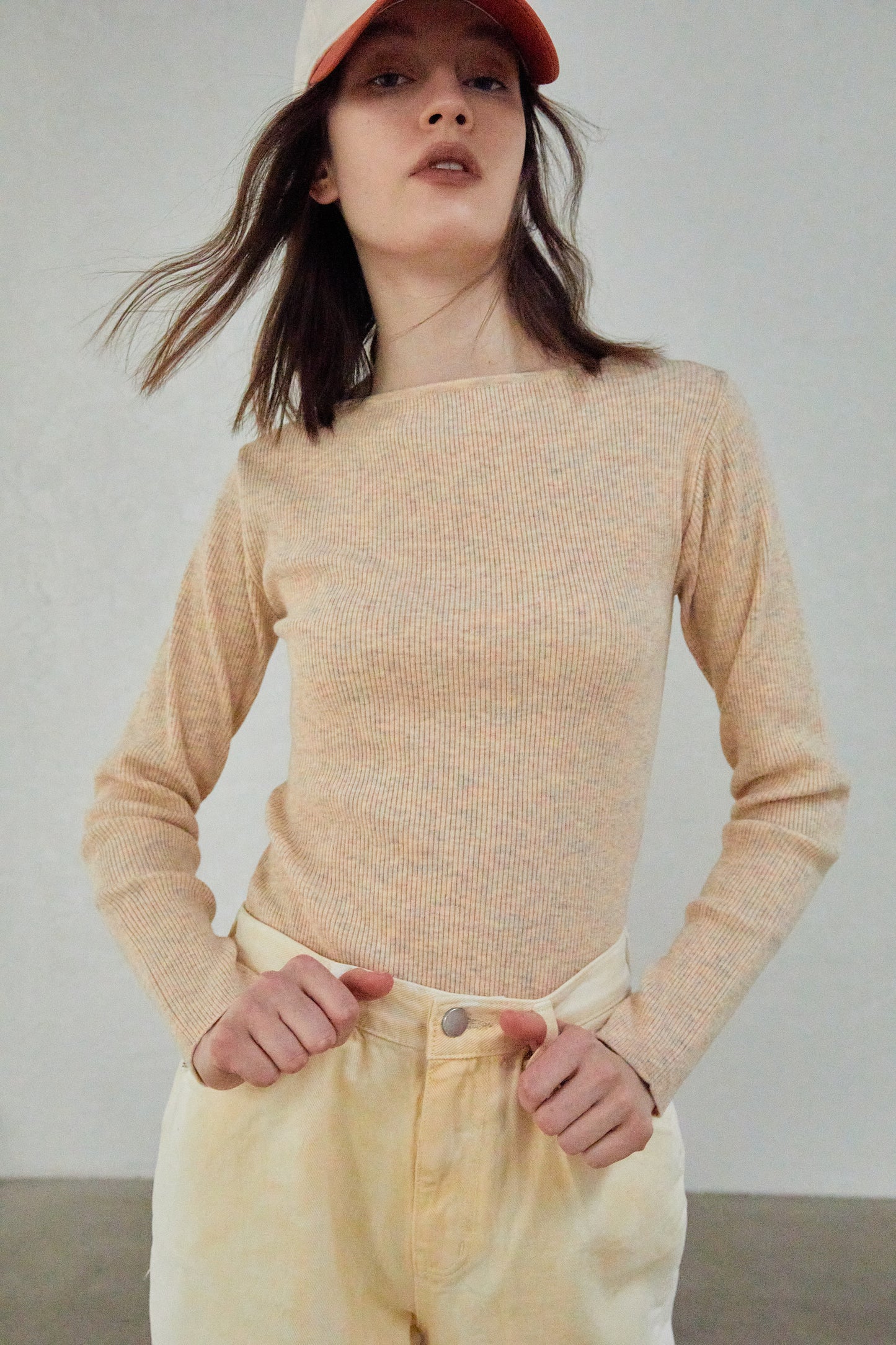 Boat Neck Ribbed Knit Top, Yellow Melange