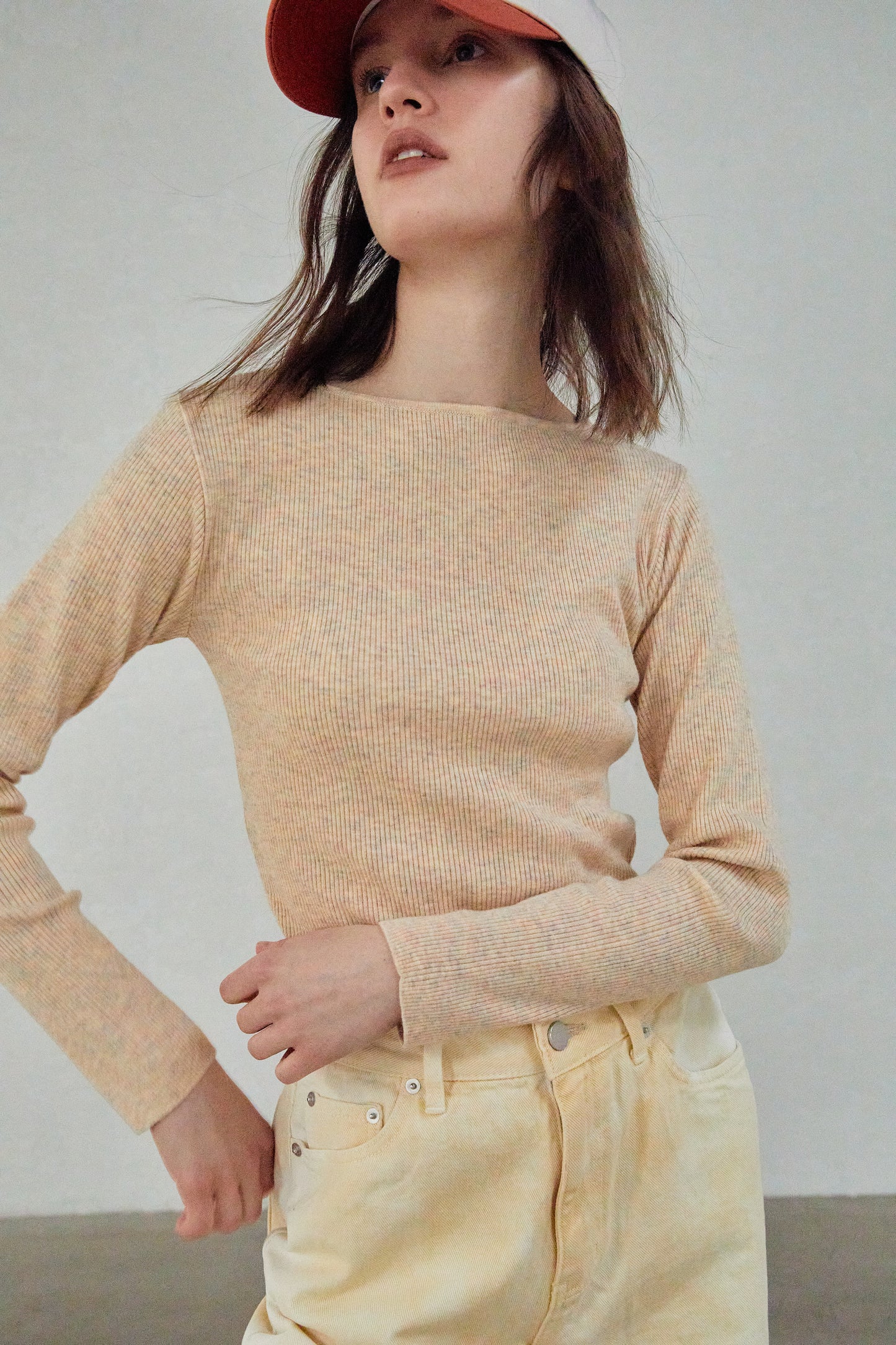 Boat Neck Ribbed Knit Top, Yellow Melange