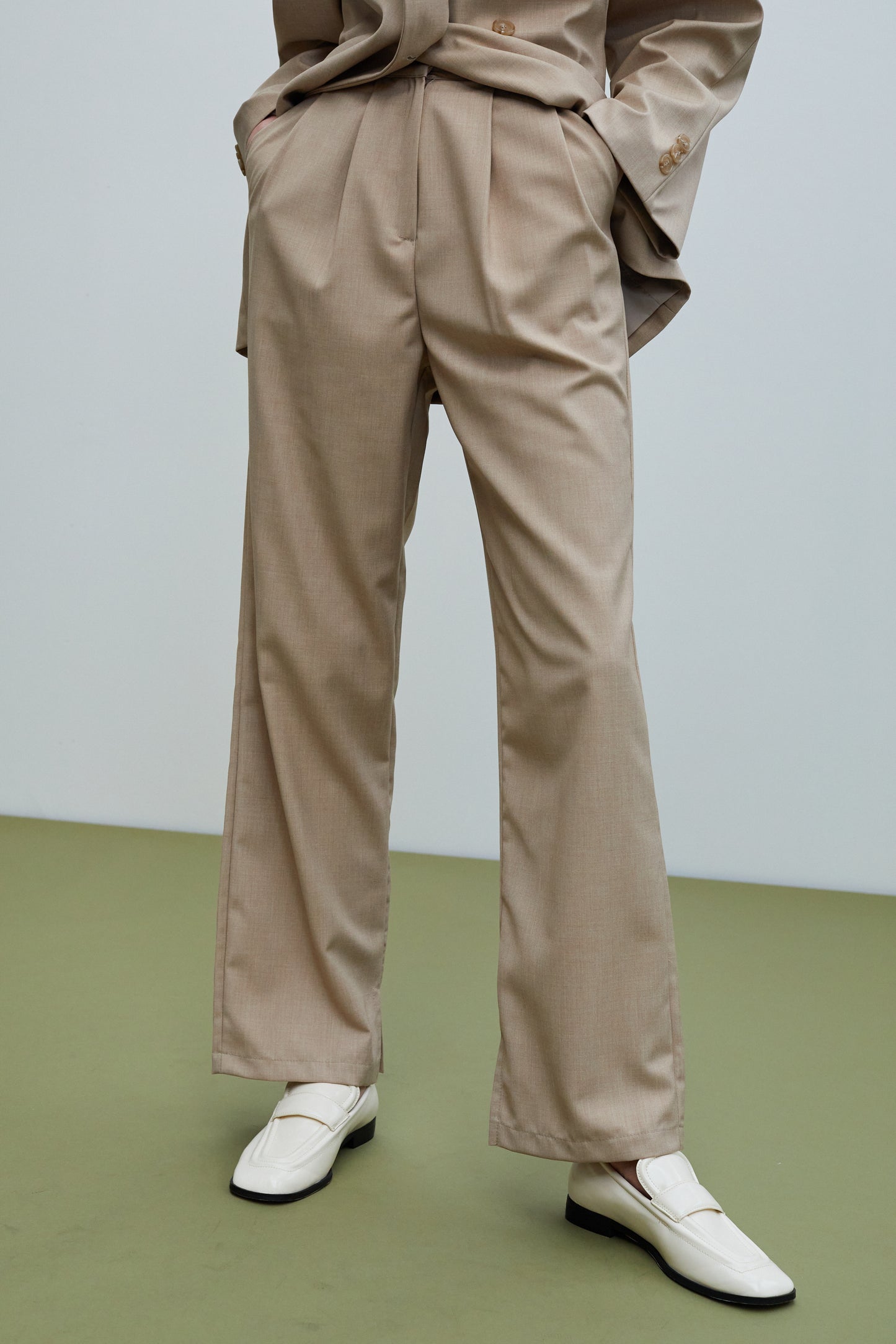 Side Slit Suit Trousers, Tan Beige