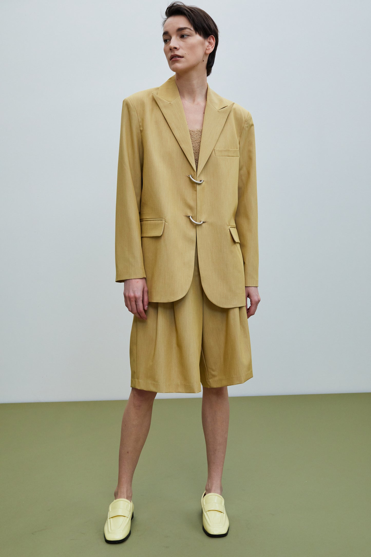 Metal Clip Button Boxy Blazer, Camel Yellow