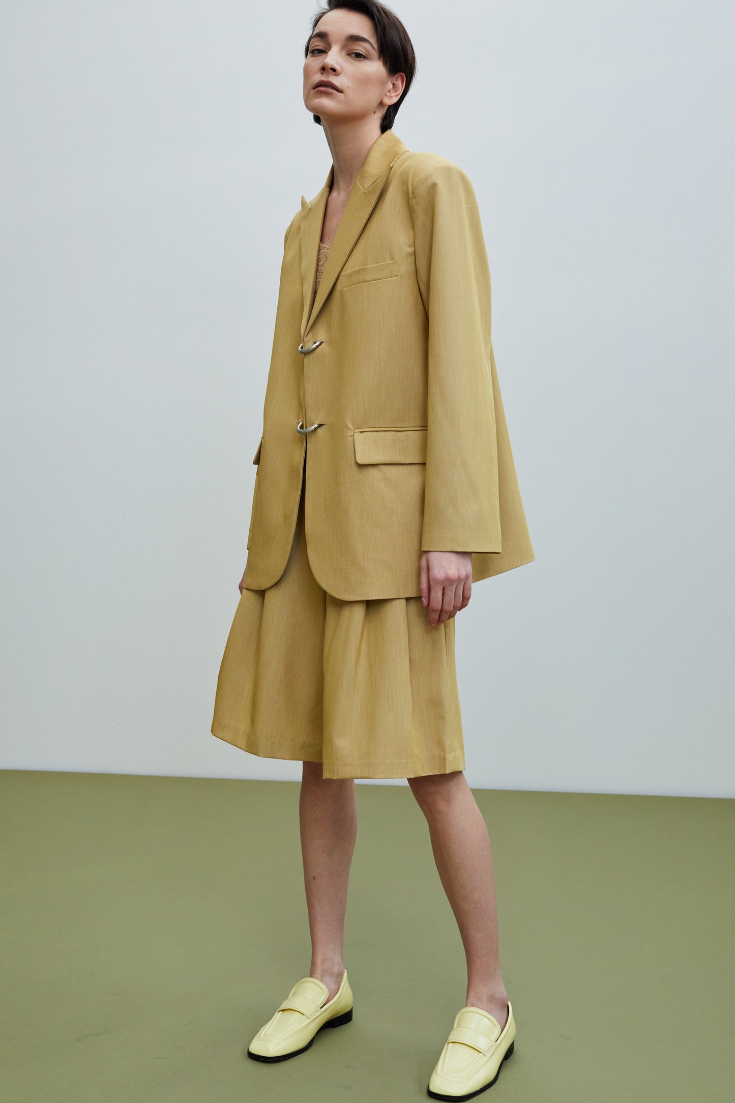 Metal Clip Button Boxy Blazer, Camel Yellow
