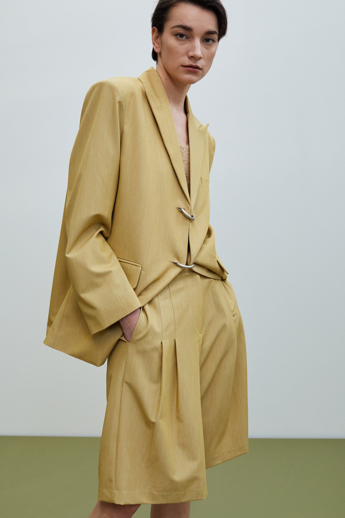 Metal Clip Button Boxy Blazer, Camel Yellow