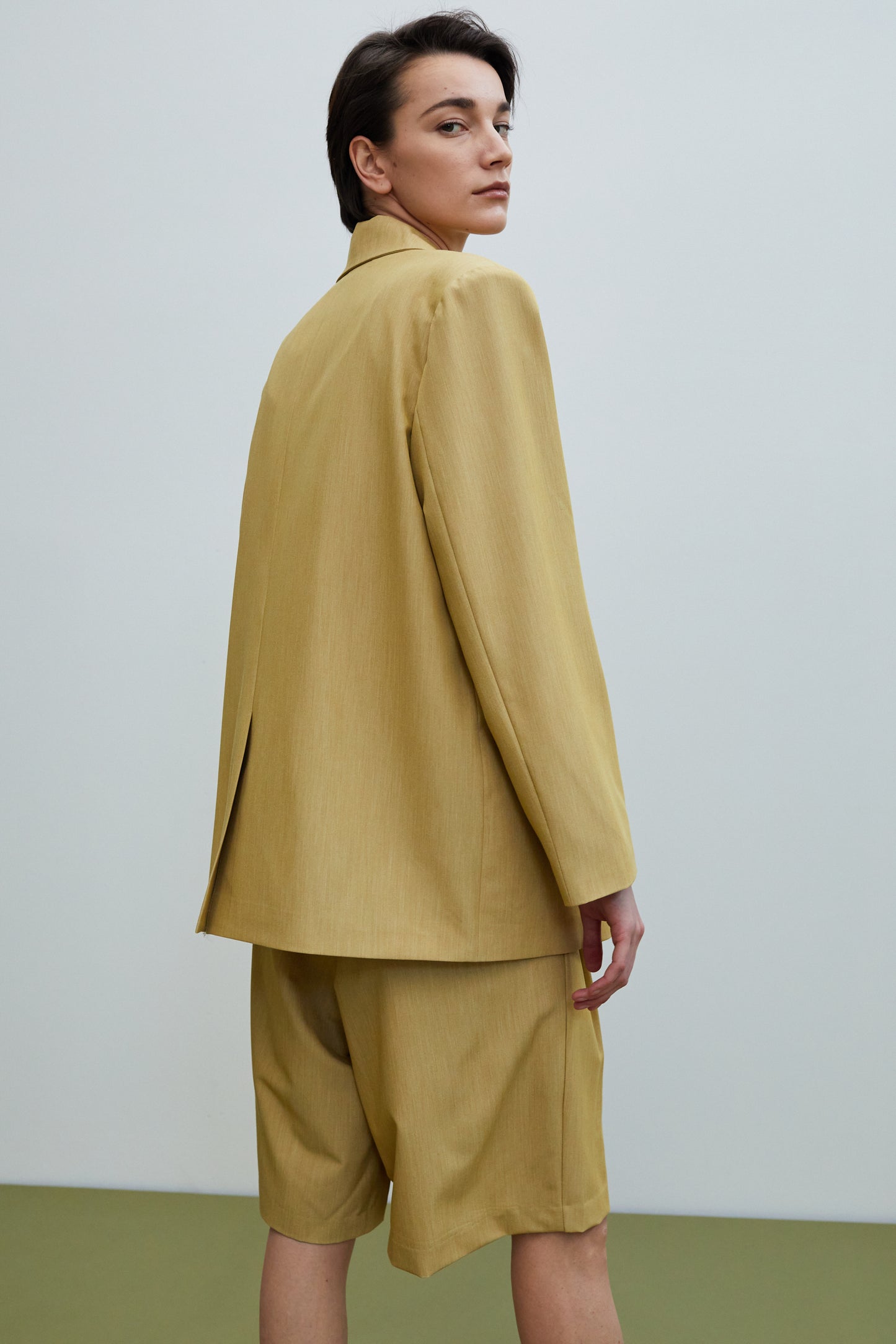 Metal Clip Button Boxy Blazer, Camel Yellow