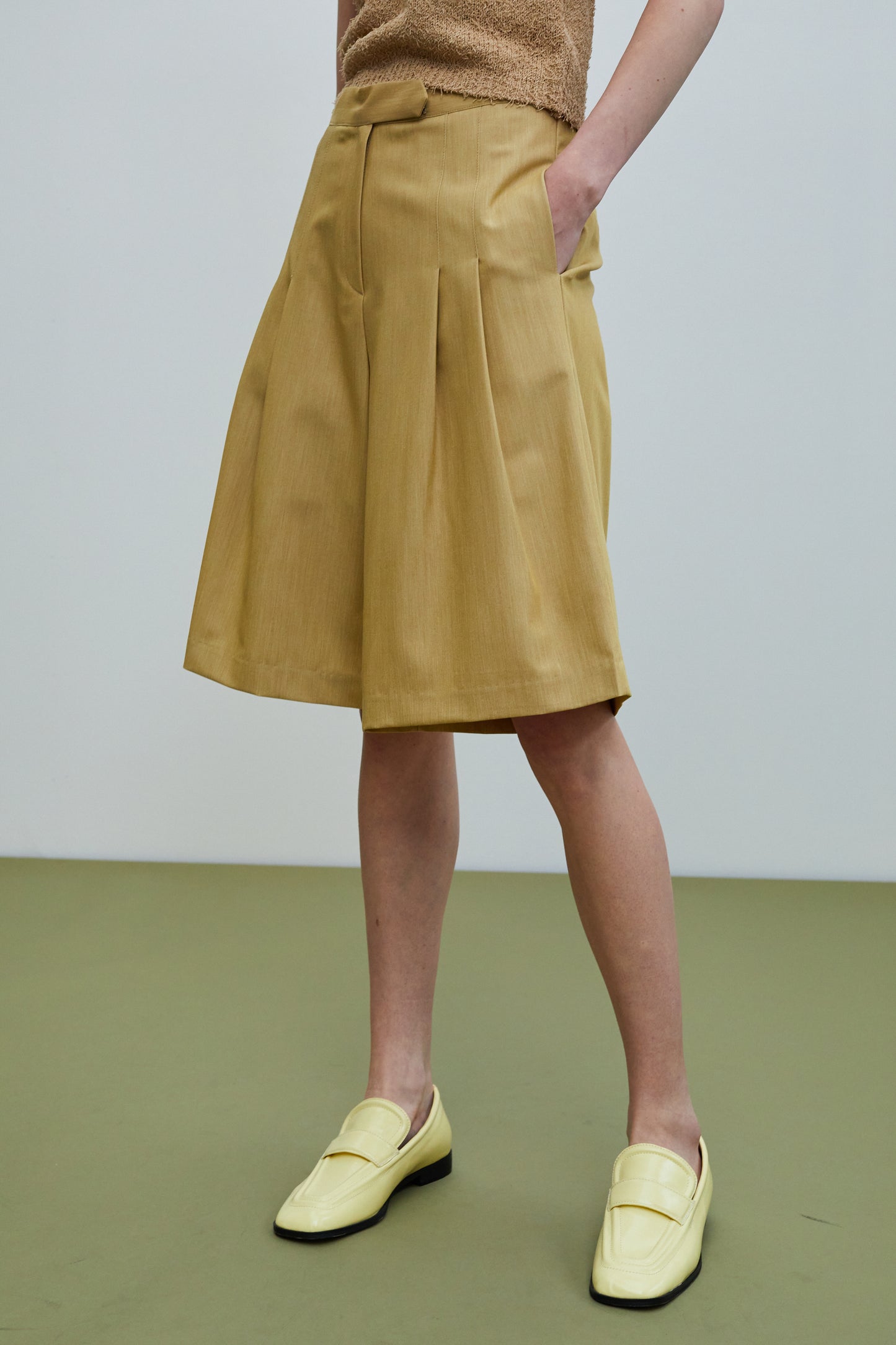 Wide Leg Bermuda Shorts, Camel Yellow