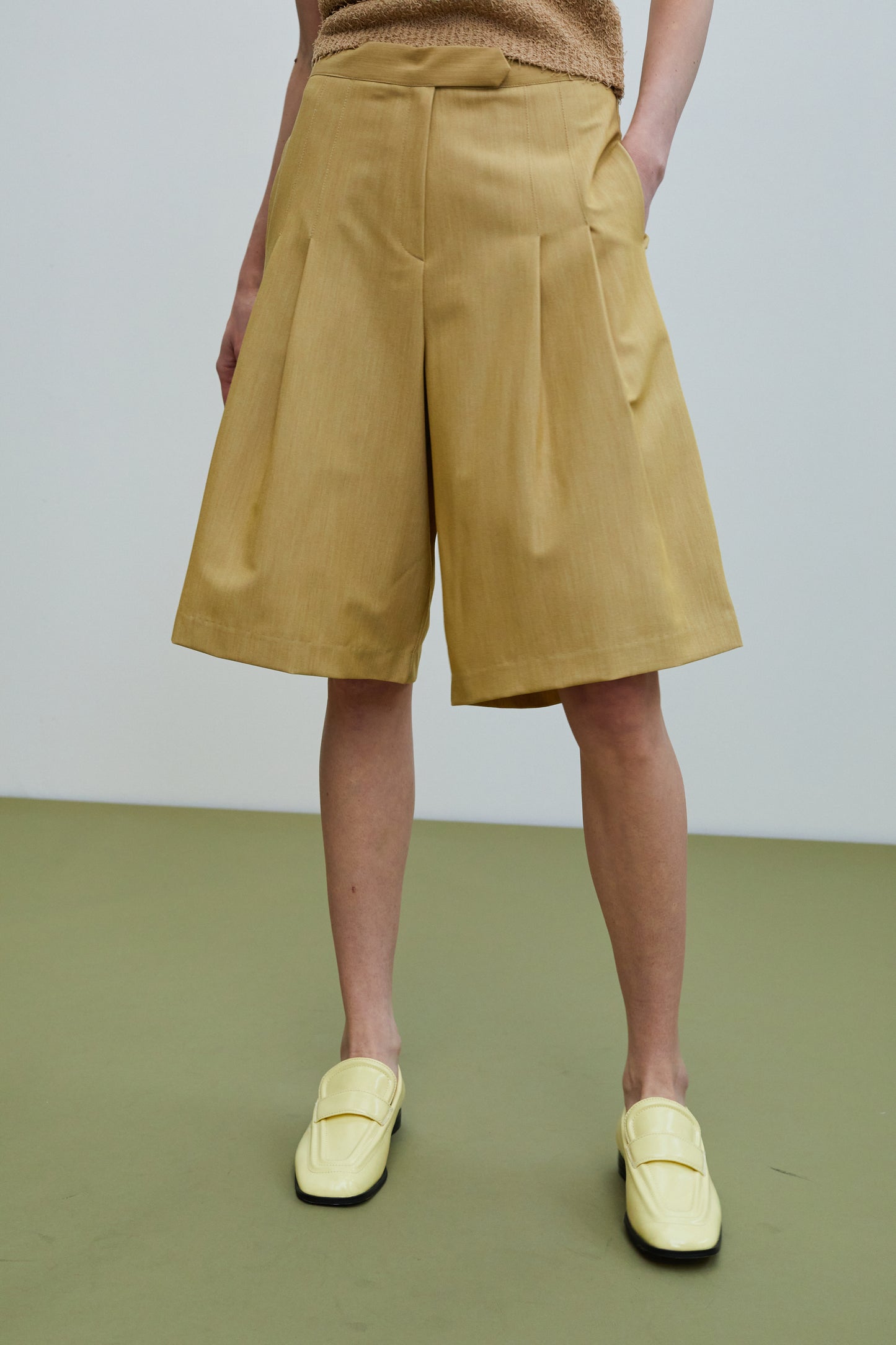 Wide Leg Bermuda Shorts, Camel Yellow