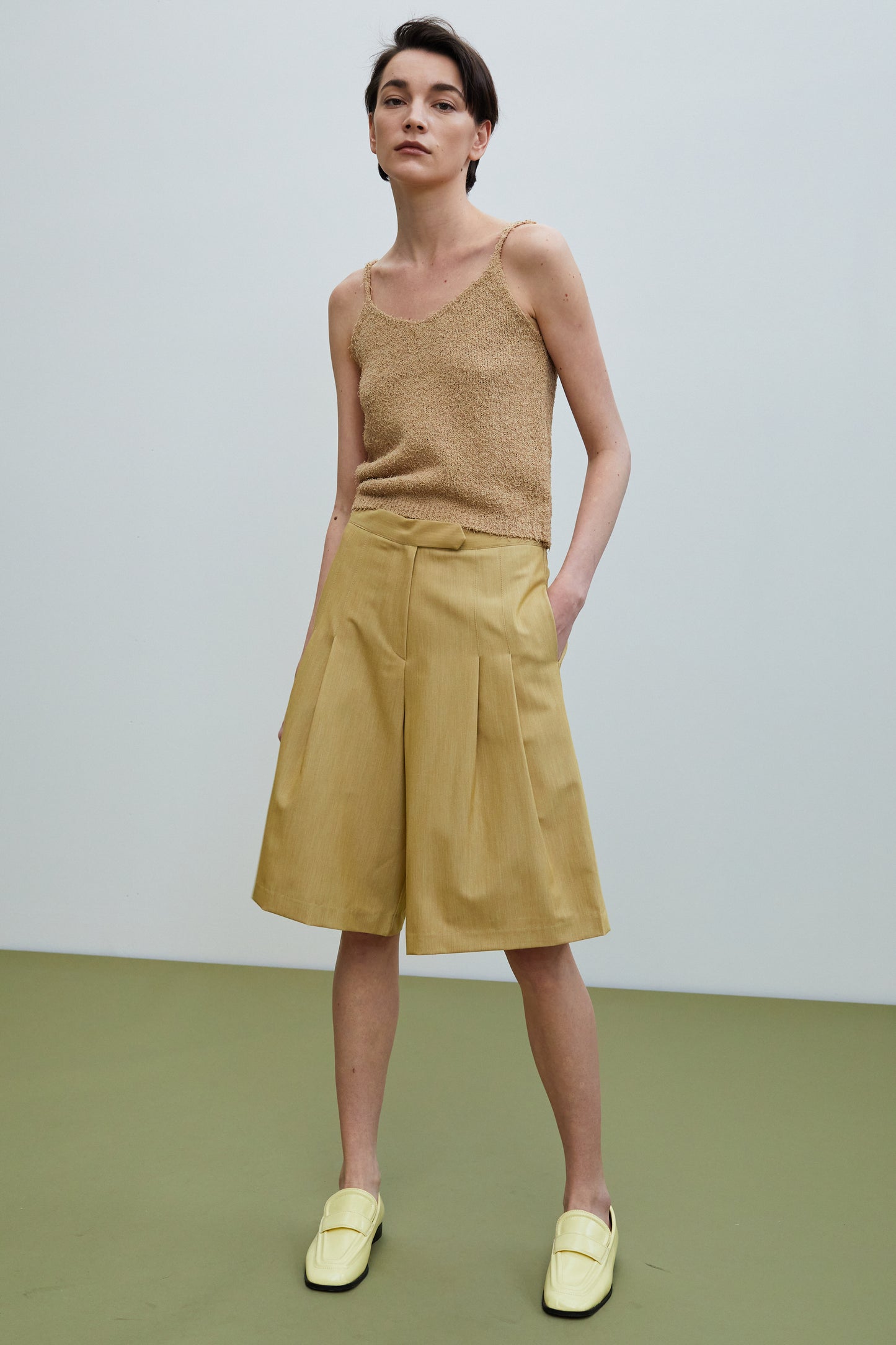 Wide Leg Bermuda Shorts, Camel Yellow