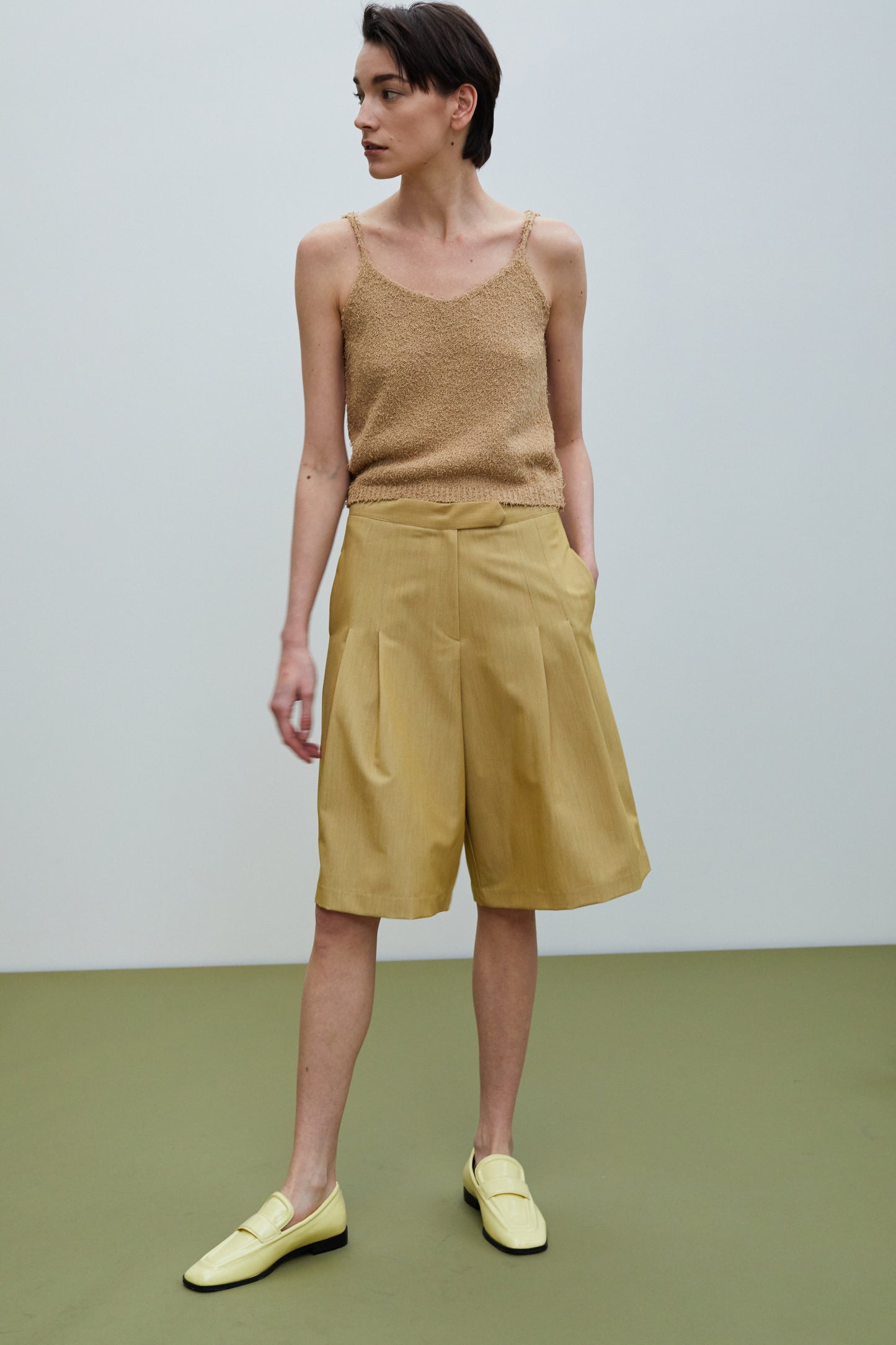 Wide Leg Bermuda Shorts, Camel Yellow