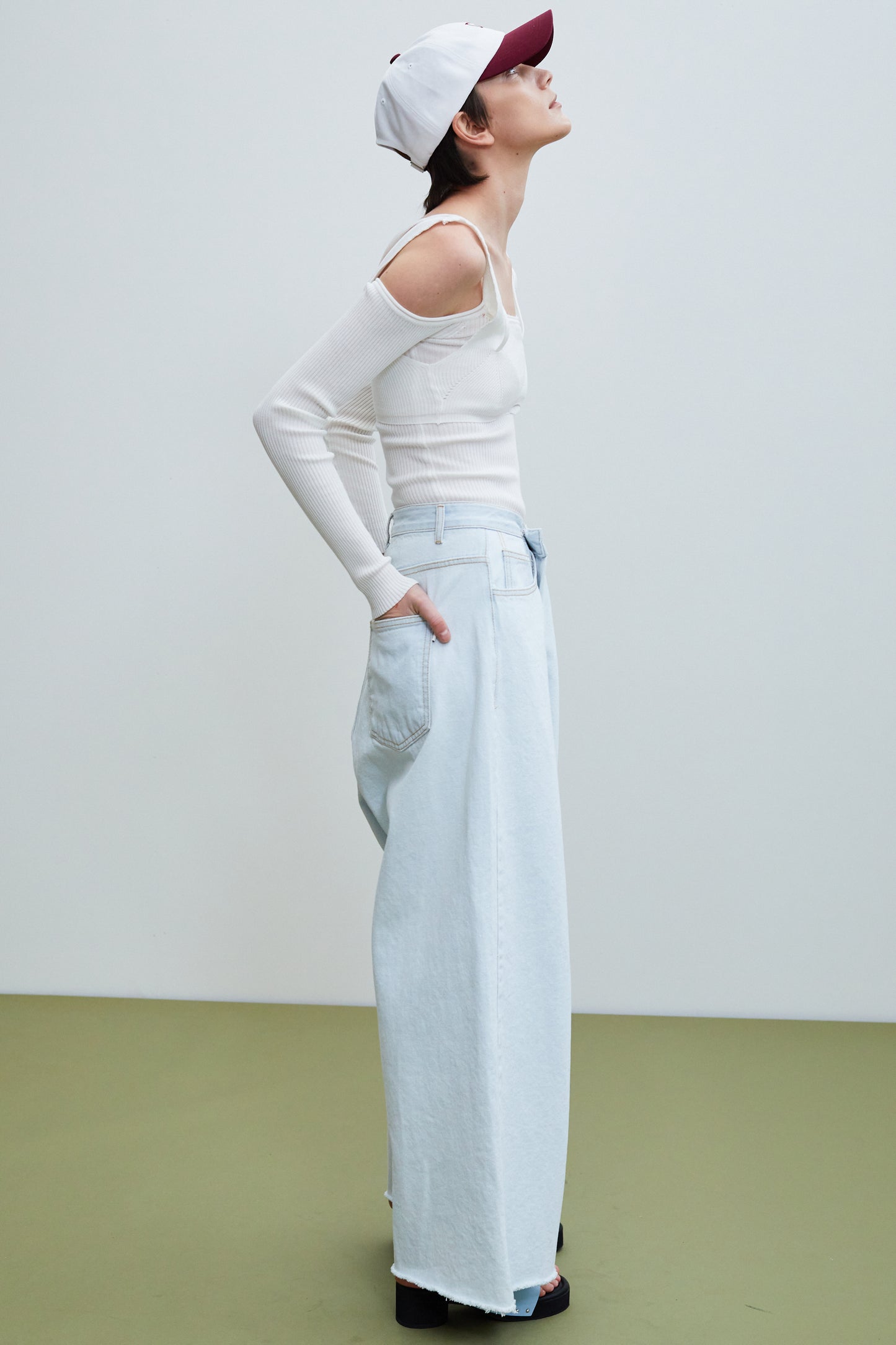 Asymmetric Wrap Folded Zip Fly Jeans, Light Blue