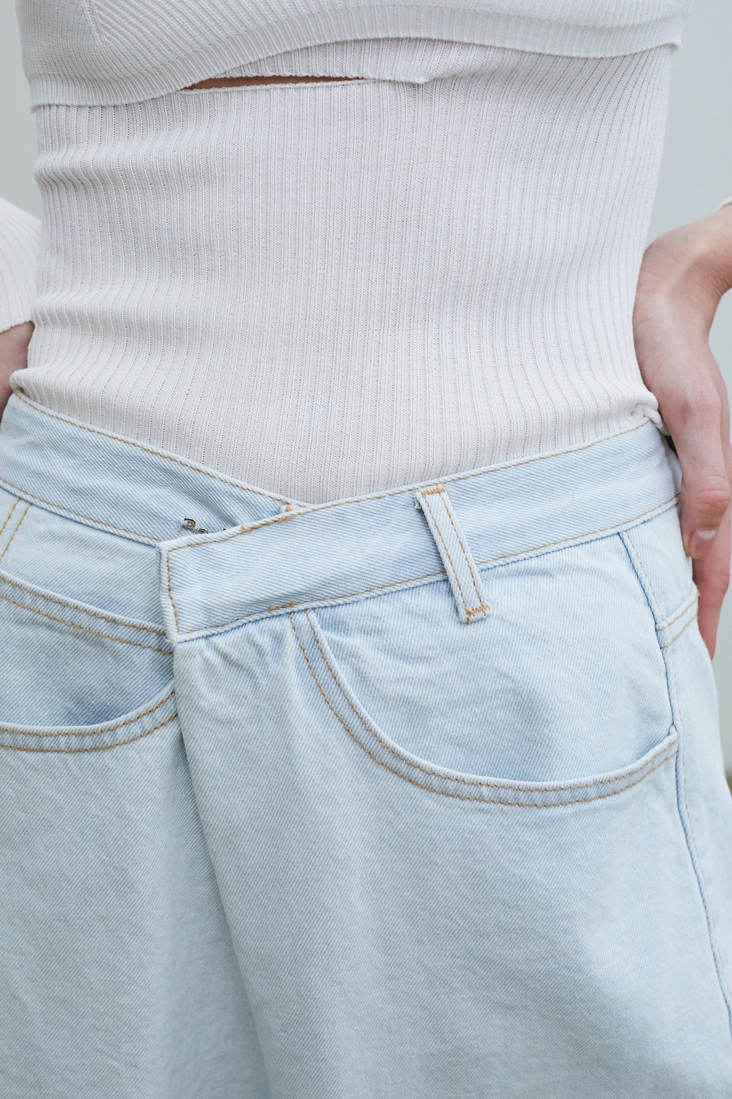 Asymmetric Wrap Folded Zip Fly Jeans, Light Blue
