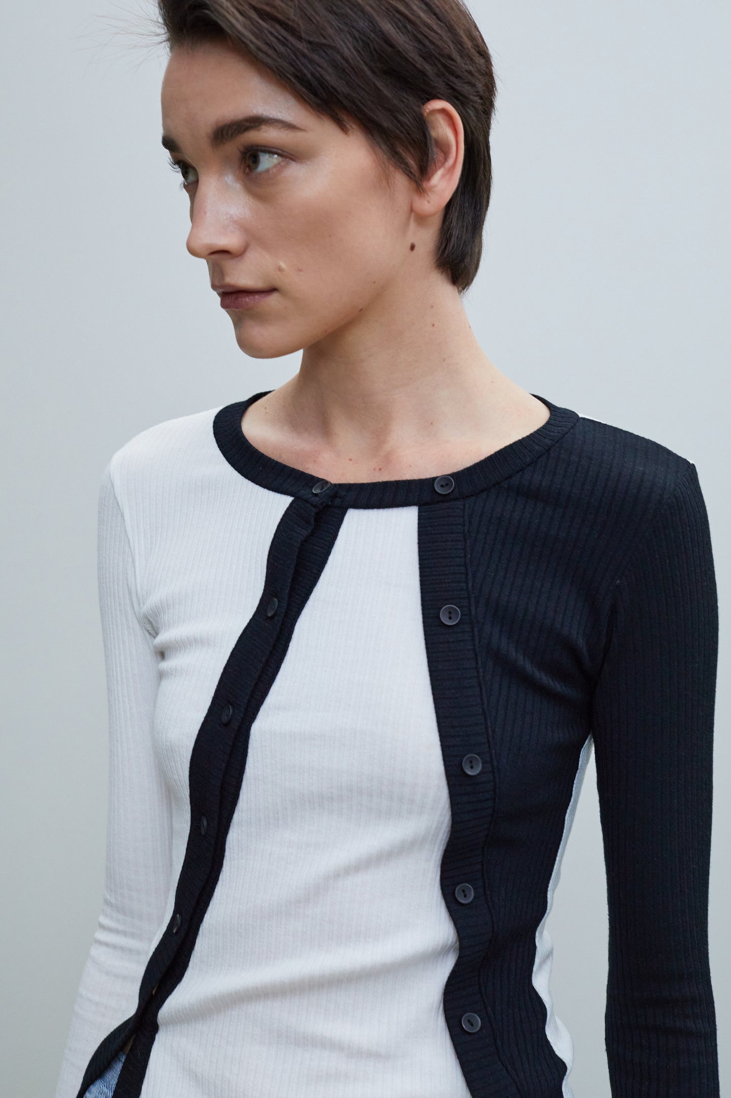 Colorblock Double Button Ribbed Top, Black & White