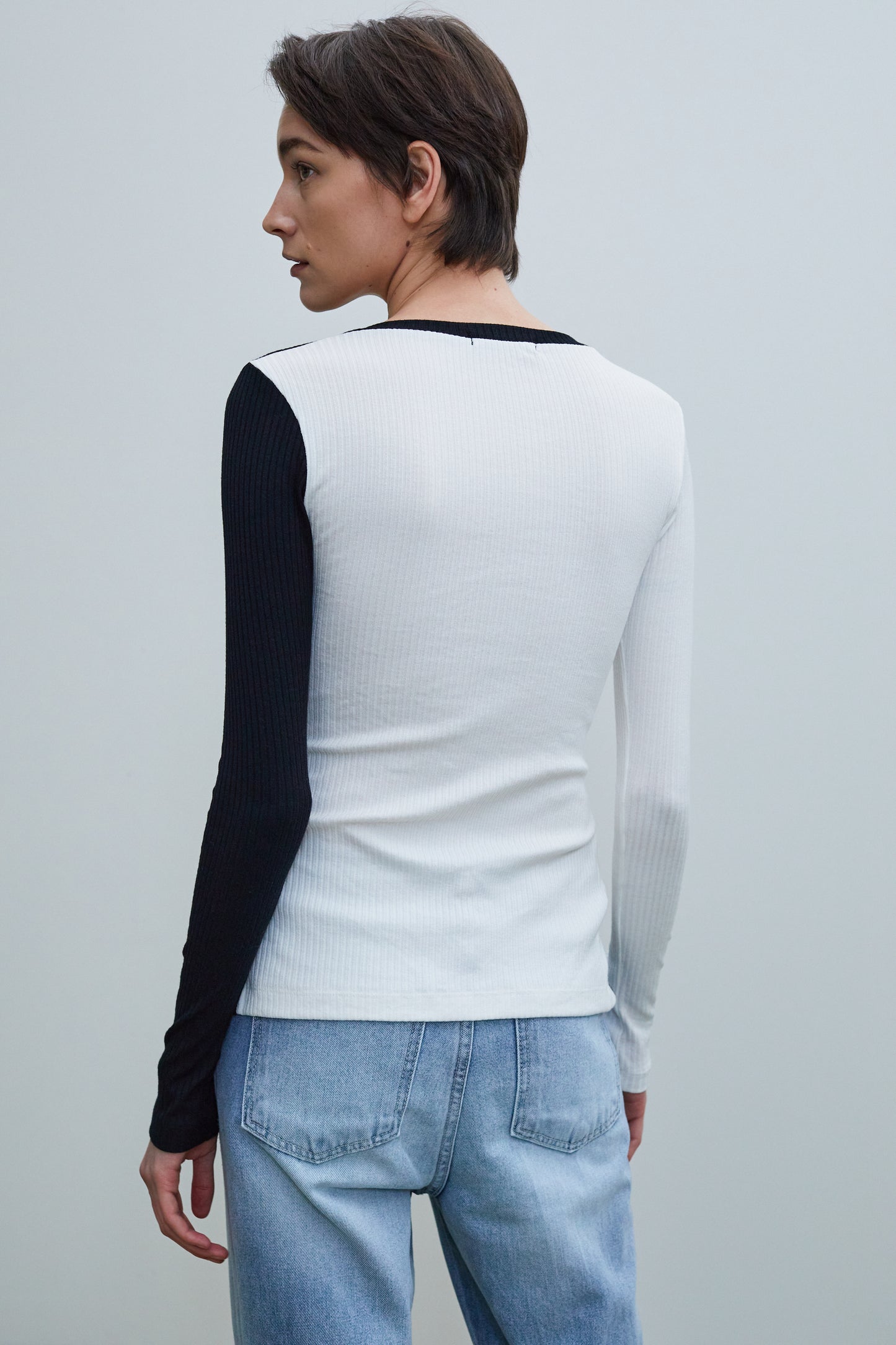 Colorblock Double Button Ribbed Top, Black & White