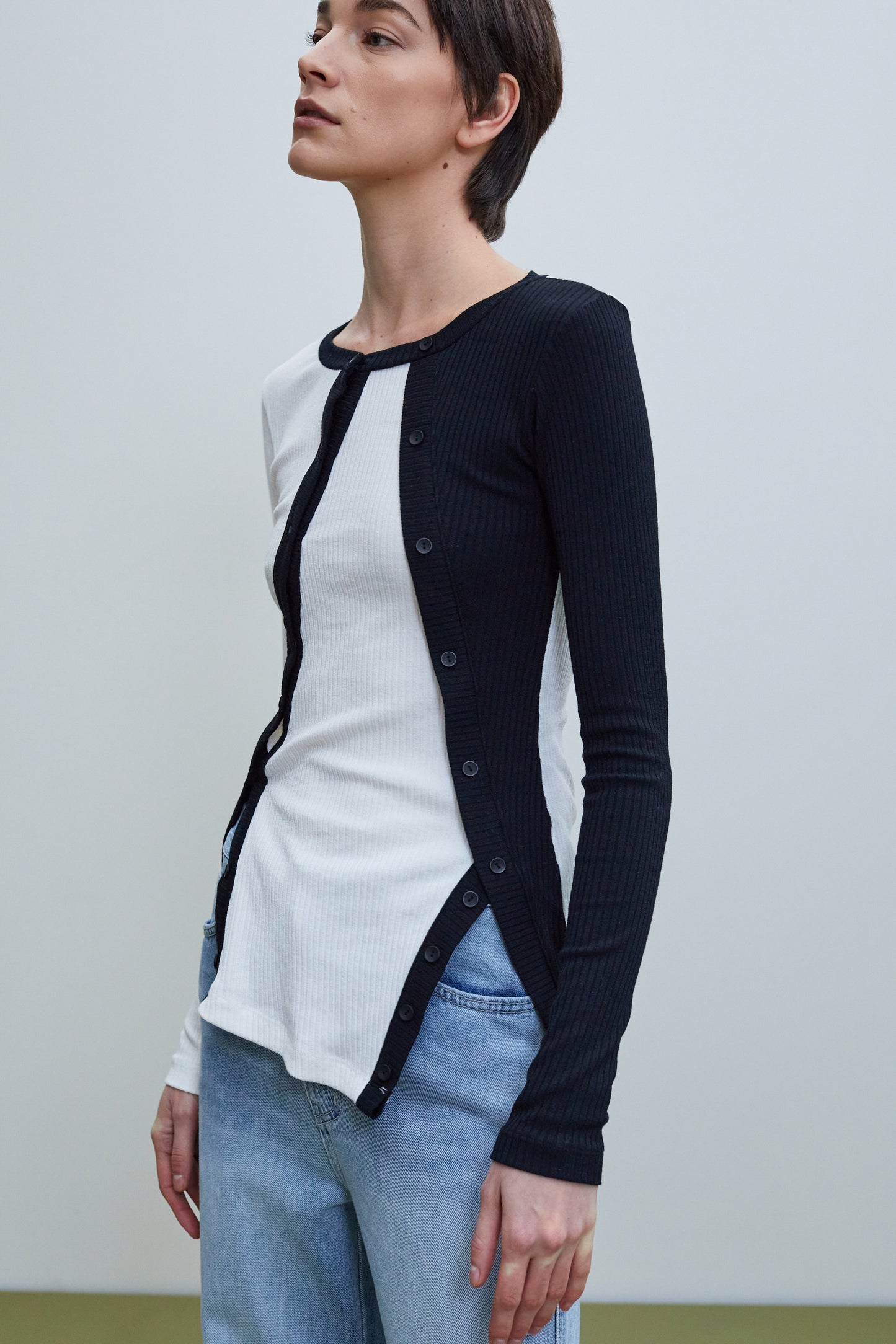 Colorblock Double Button Ribbed Top, Black & White