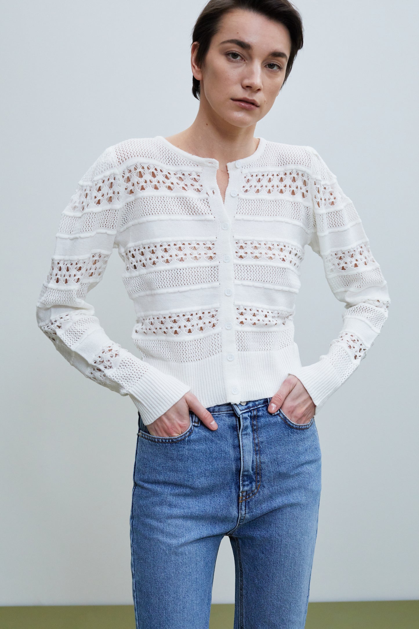 Crochet Lace Knit Cardigan, White