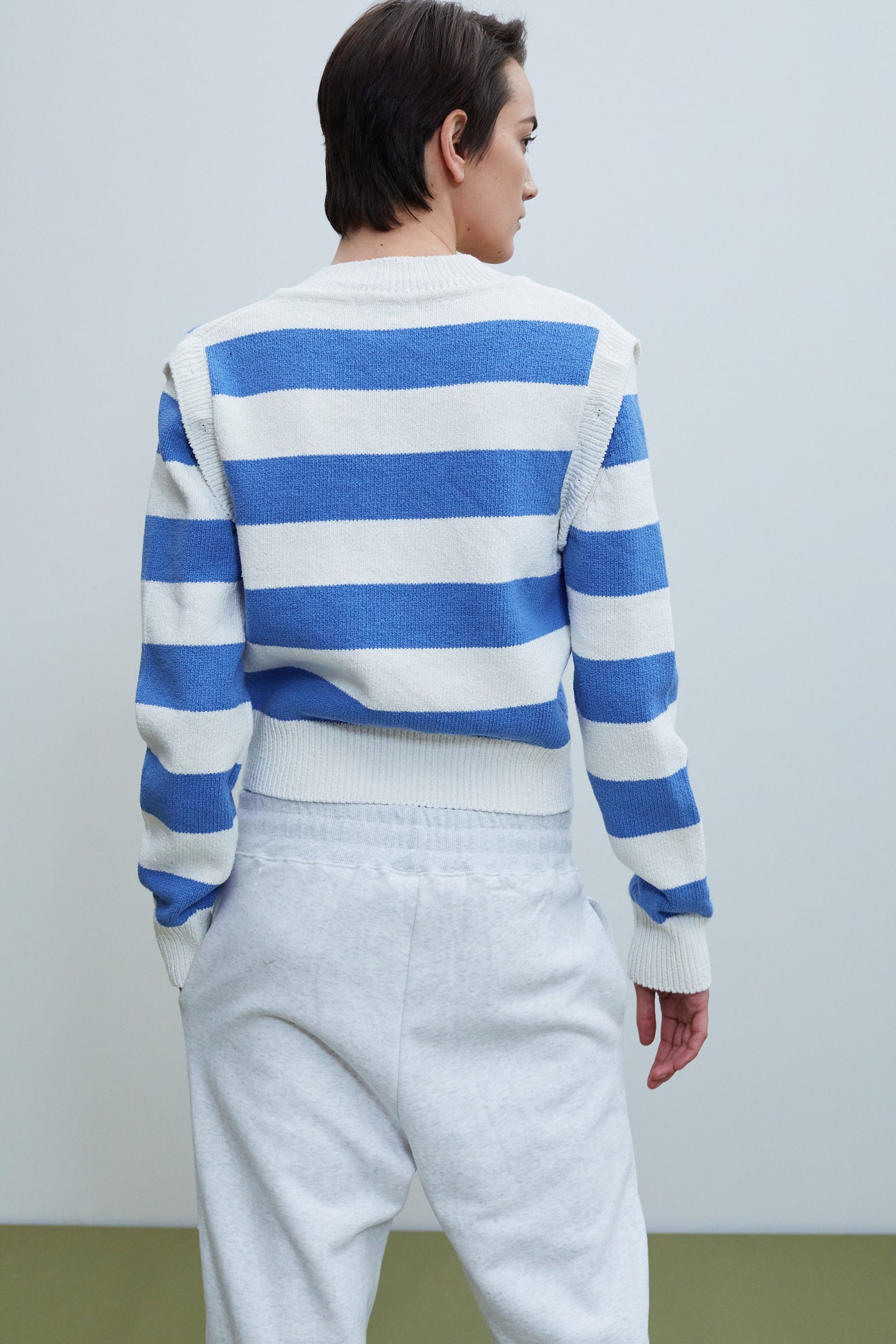 Detachable Sleeve Linen Knit, Striped Blue