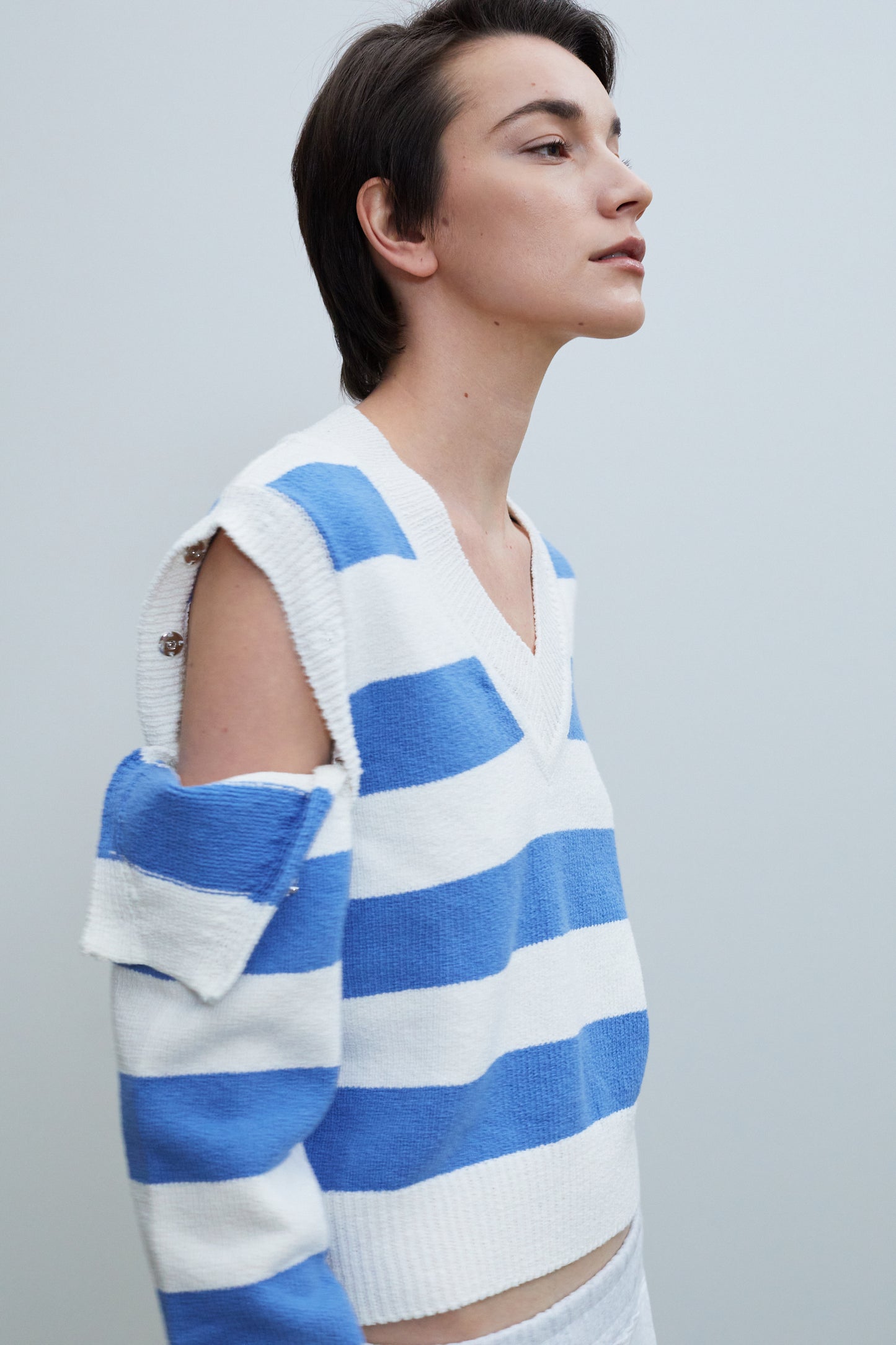Detachable Sleeve Linen Knit, Striped Blue