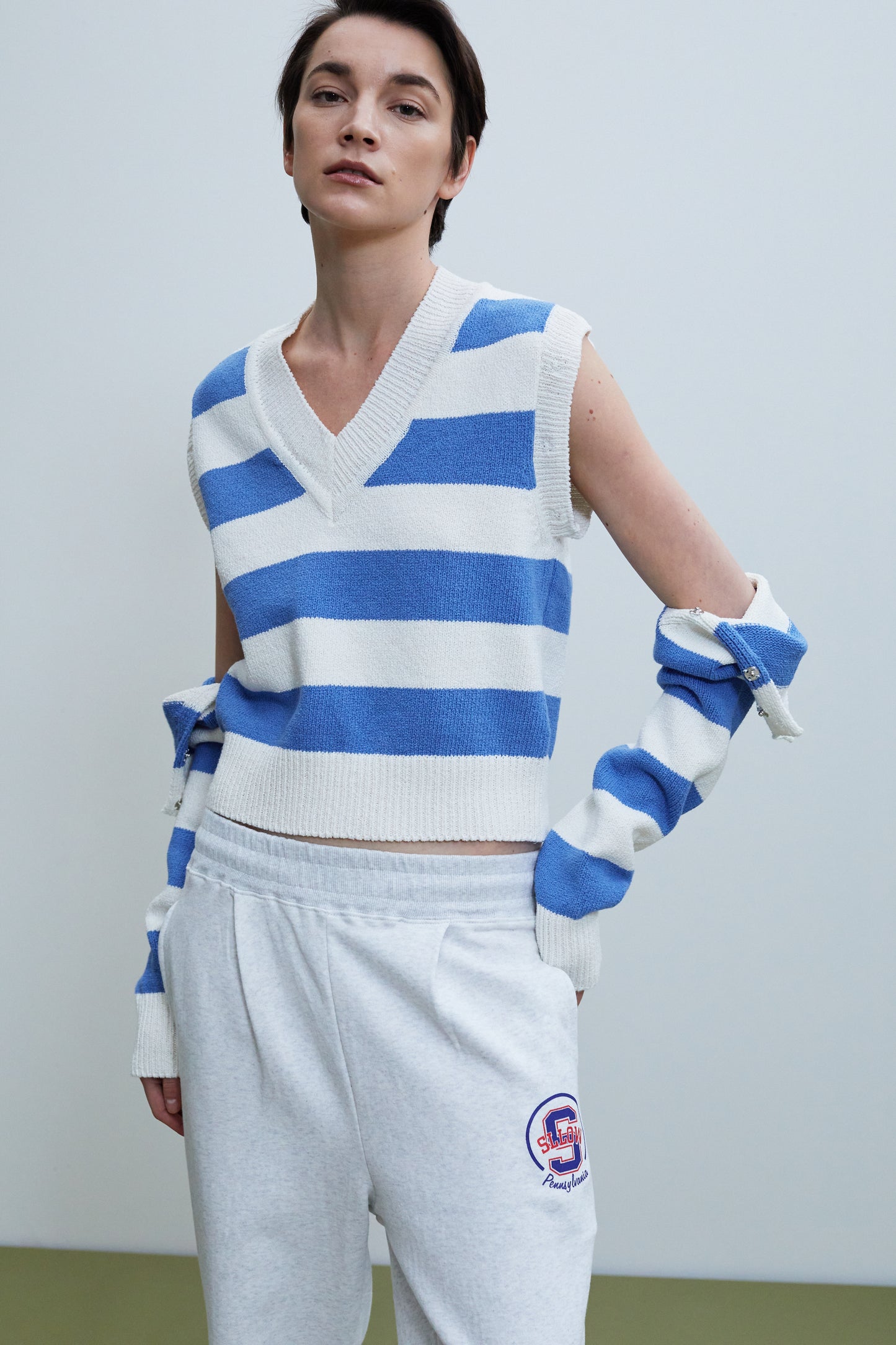 Detachable Sleeve Linen Knit, Striped Blue