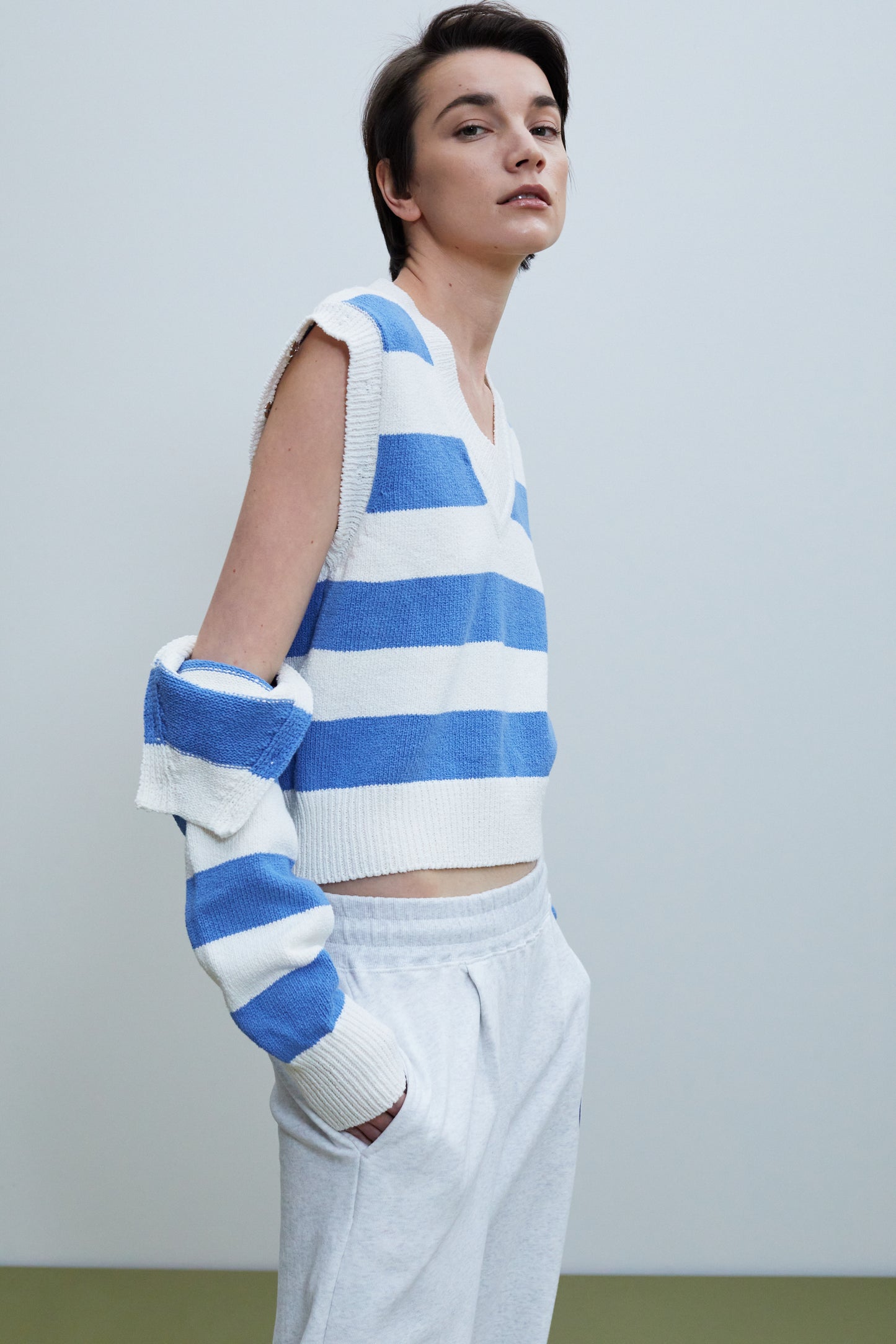 Detachable Sleeve Linen Knit, Striped Blue