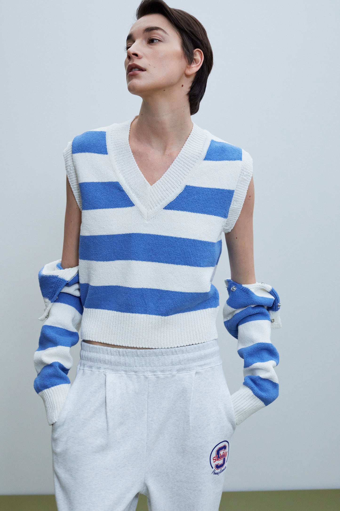 Detachable Sleeve Linen Knit, Striped Blue