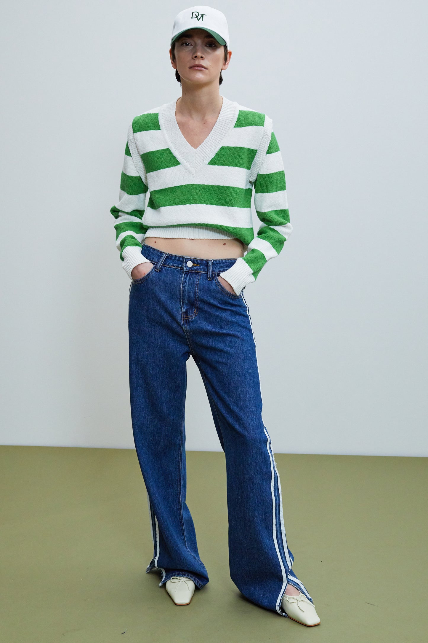 Detachable Sleeve Linen Knit, Striped Green