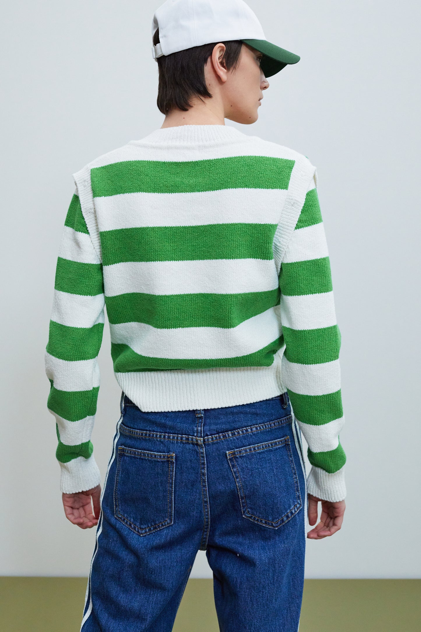 Detachable Sleeve Linen Knit, Striped Green