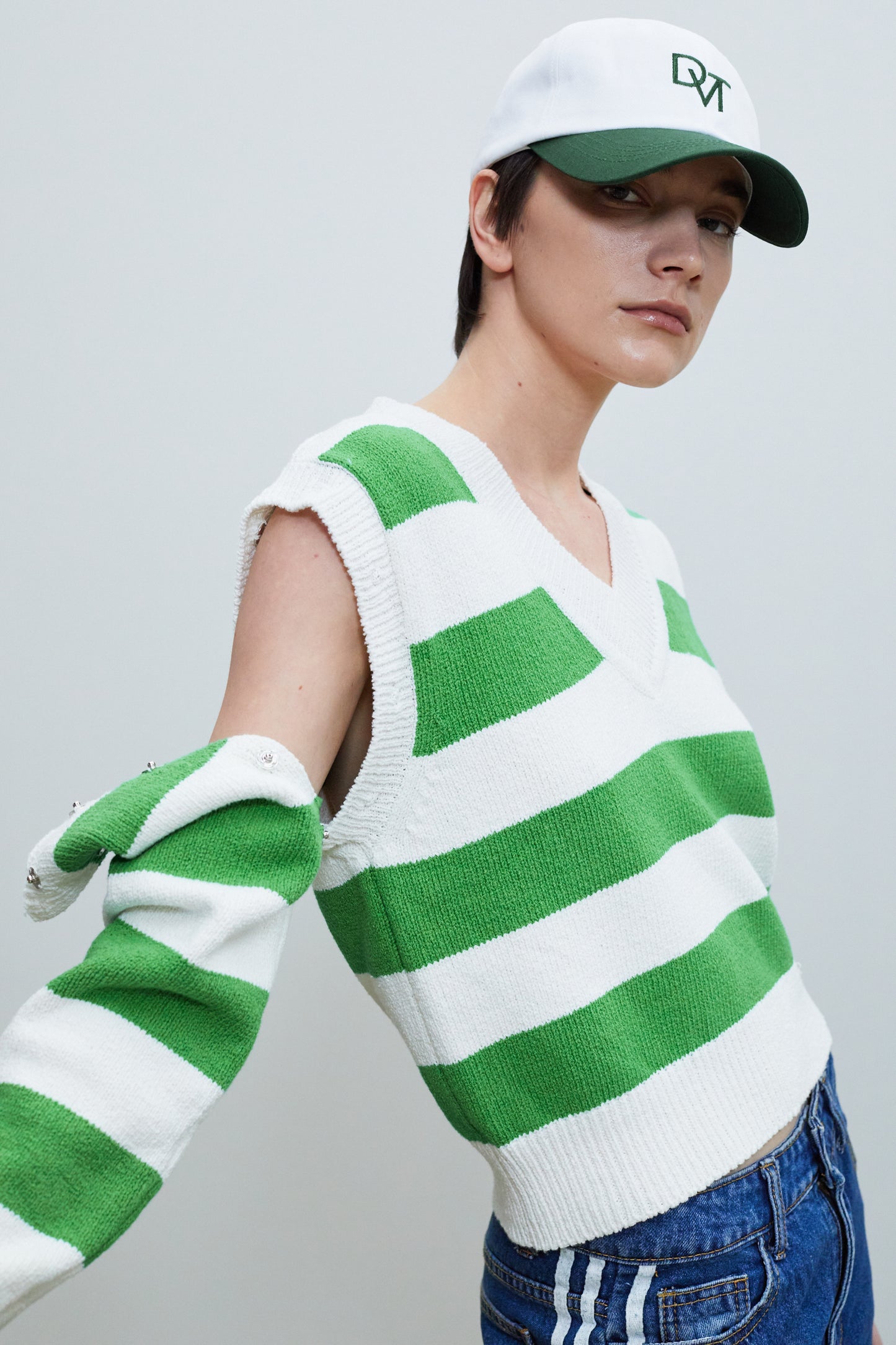 Detachable Sleeve Linen Knit, Striped Green