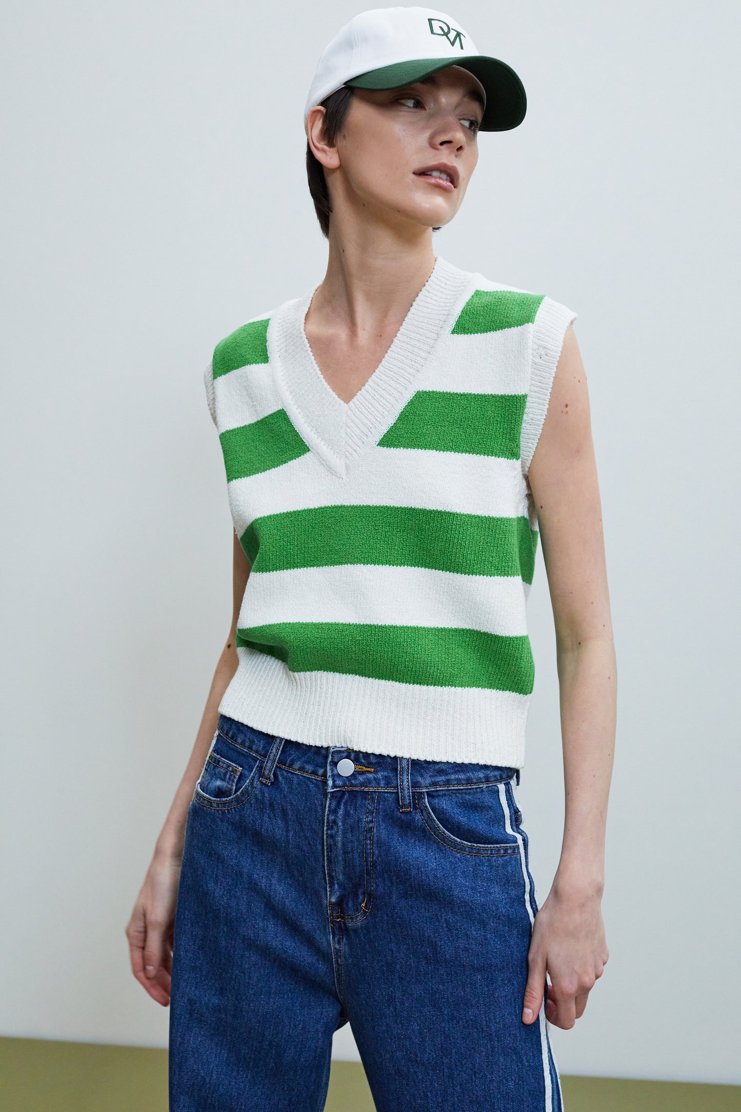 Detachable Sleeve Linen Knit, Striped Green