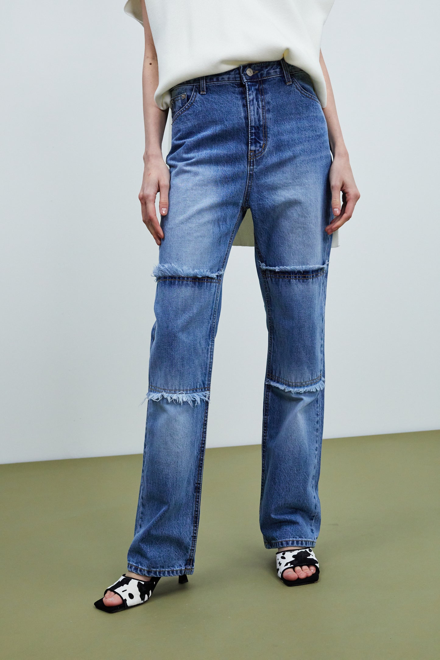 Frayed Panel Straight Leg Jeans, Medium Blue