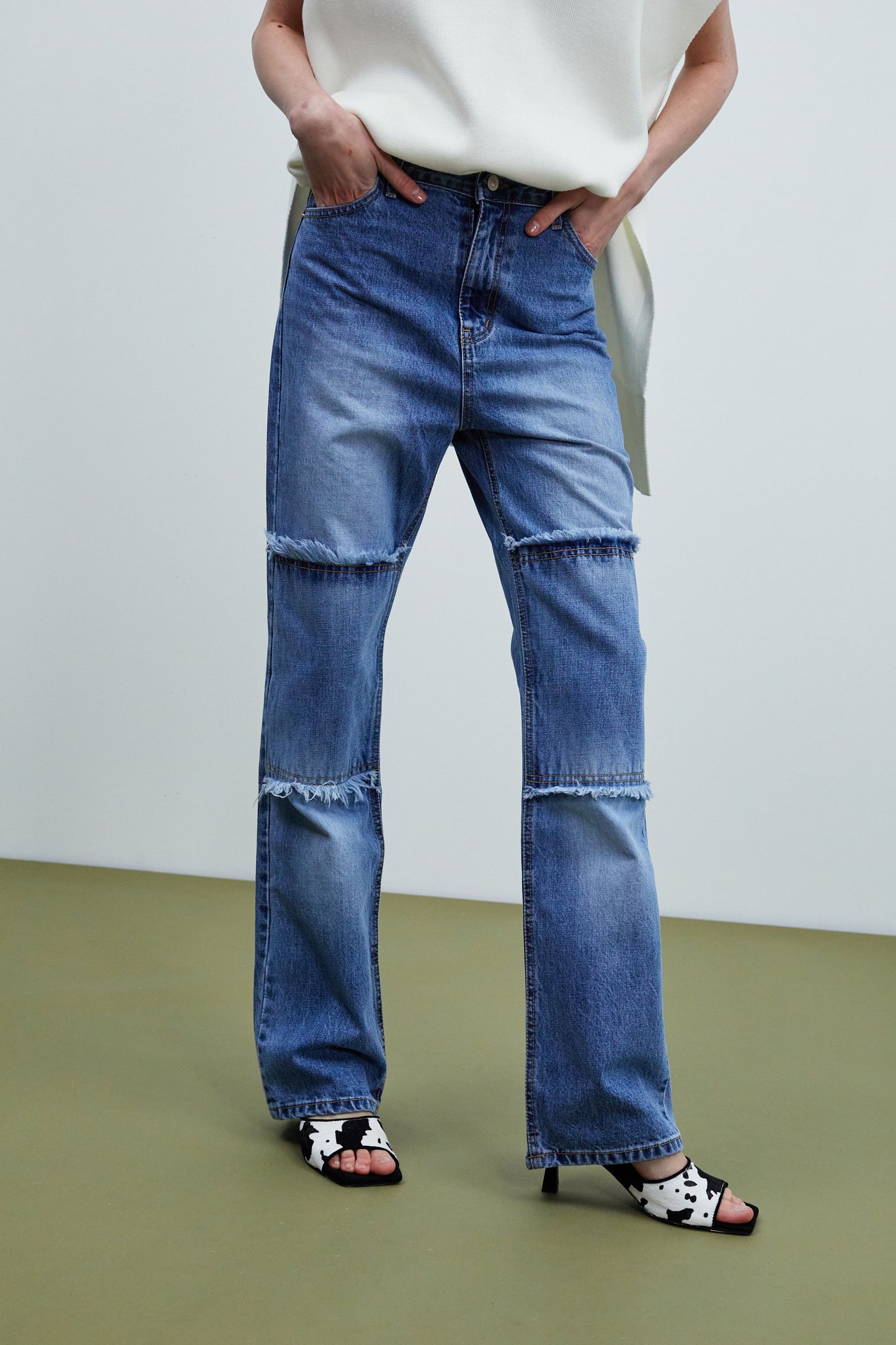 Frayed Panel Straight Leg Jeans, Medium Blue