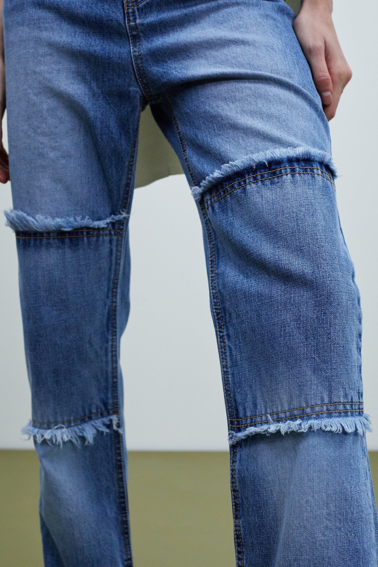 Frayed Panel Straight Leg Jeans, Medium Blue