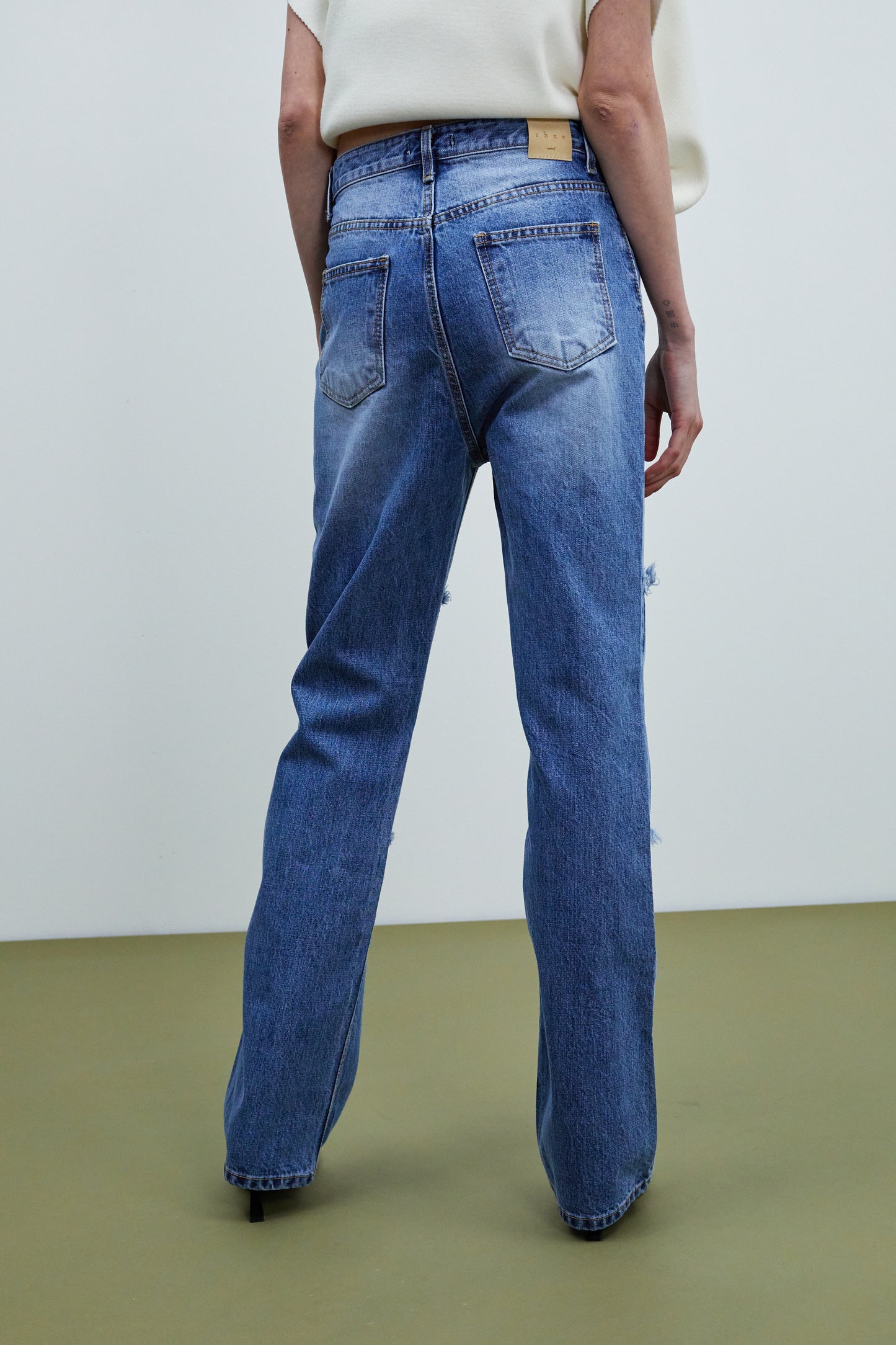 Frayed Panel Straight Leg Jeans, Medium Blue