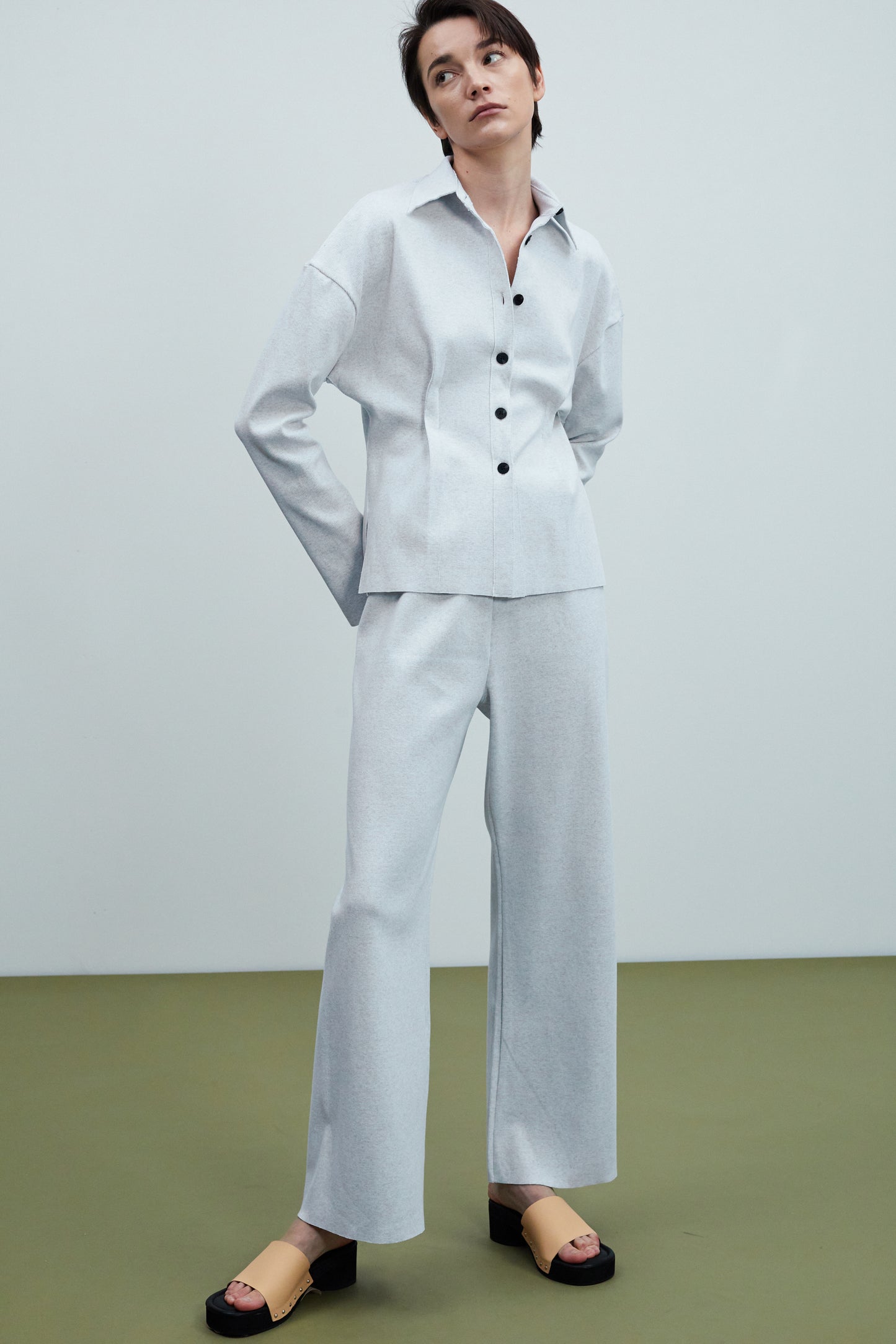 Cinched Waist Ribbed Lounge Shirt, Grey Melange