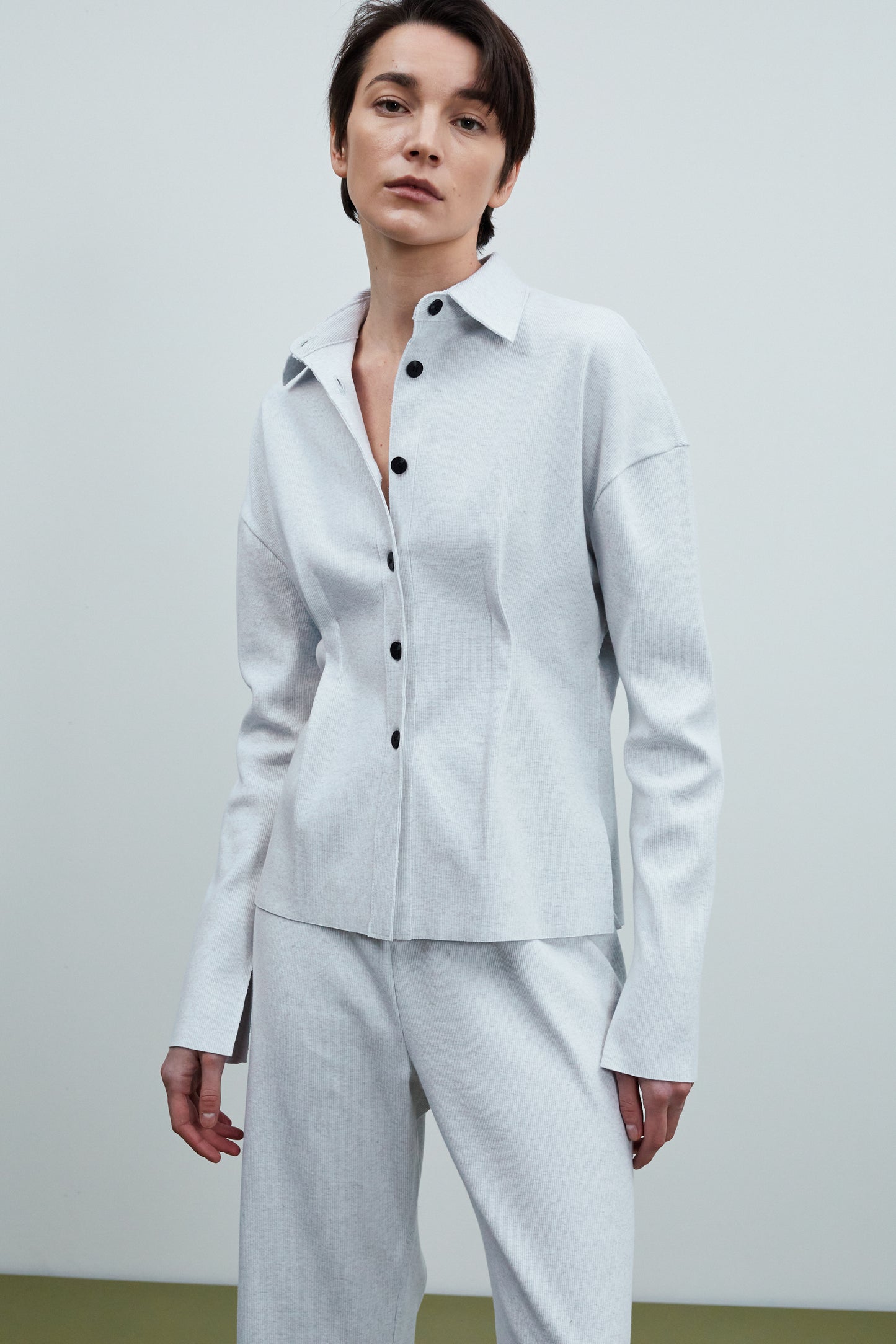 Cinched Waist Ribbed Lounge Shirt, Grey Melange