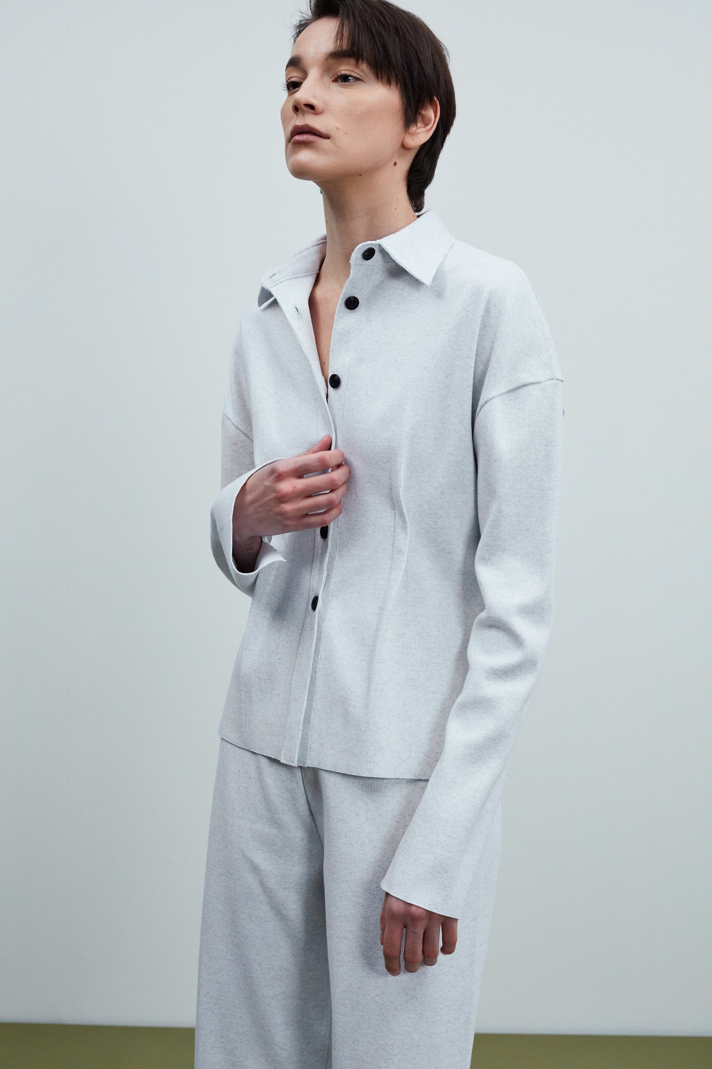 Cinched Waist Ribbed Lounge Shirt, Grey Melange