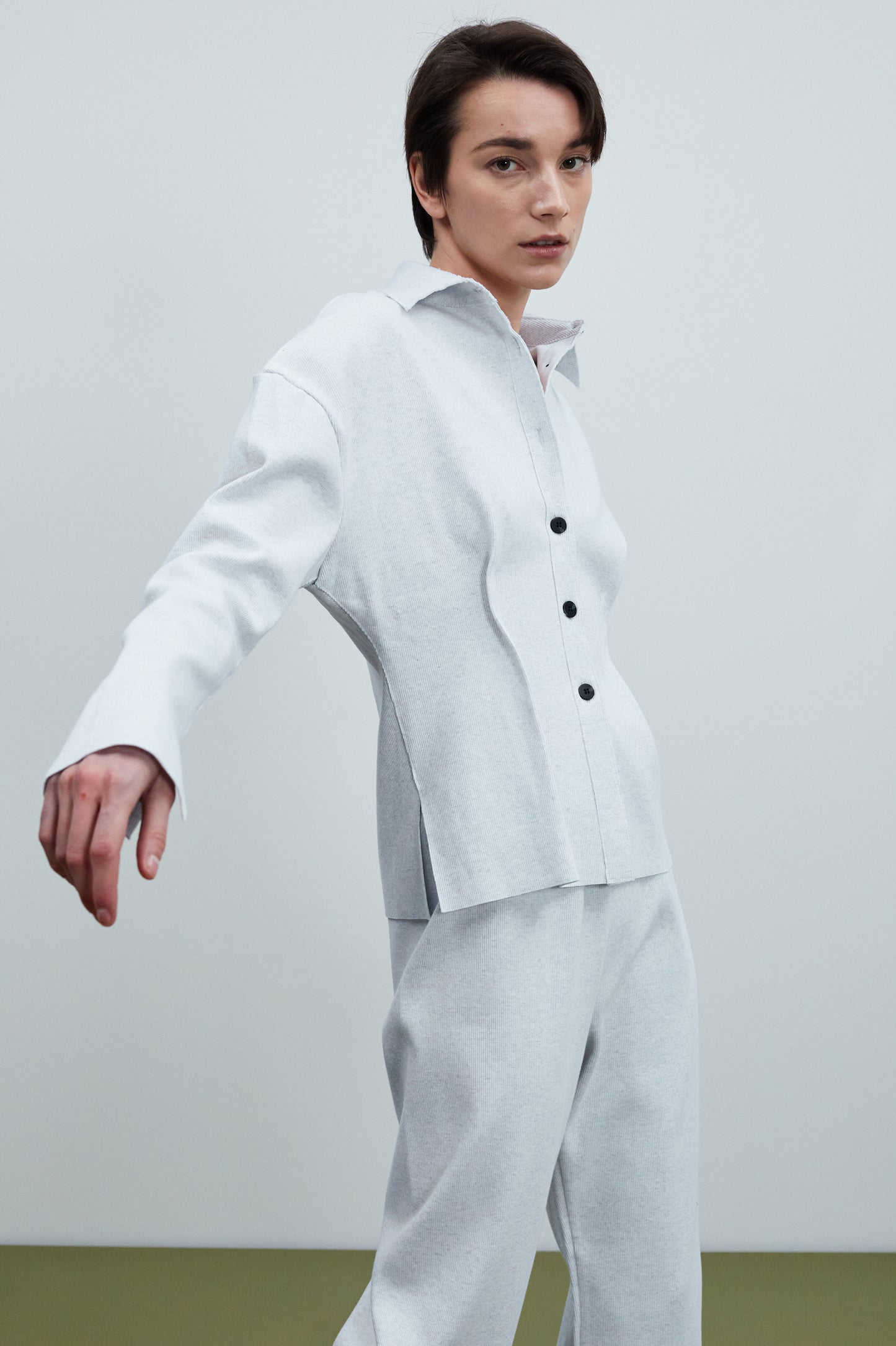 Cinched Waist Ribbed Lounge Shirt, Grey Melange