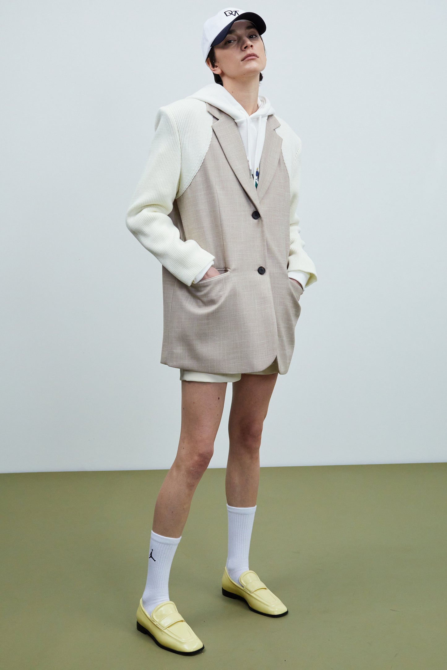 Knitted Sleeve Suit Blazer, Meringue & Beige