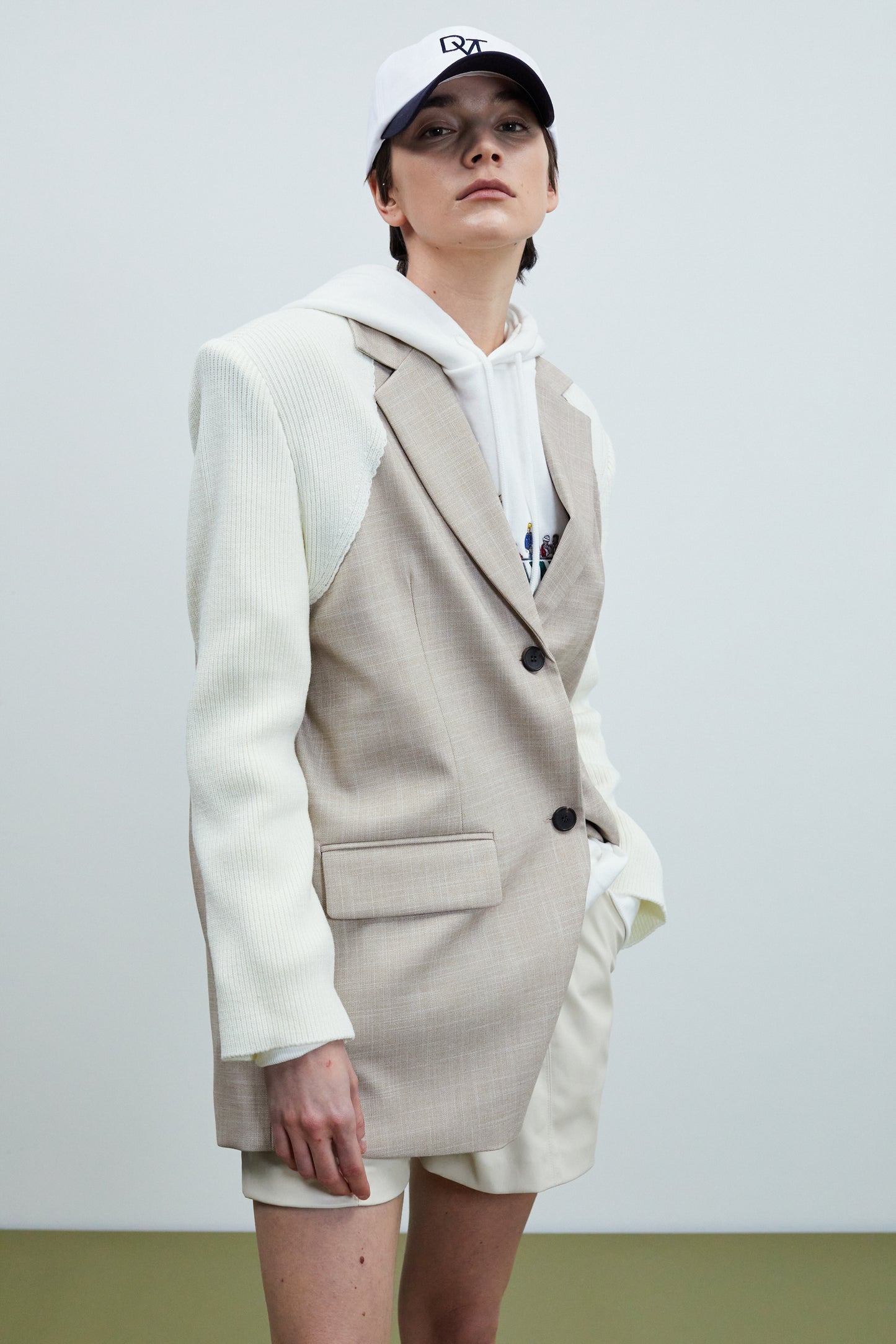 Knitted Sleeve Suit Blazer, Meringue & Beige
