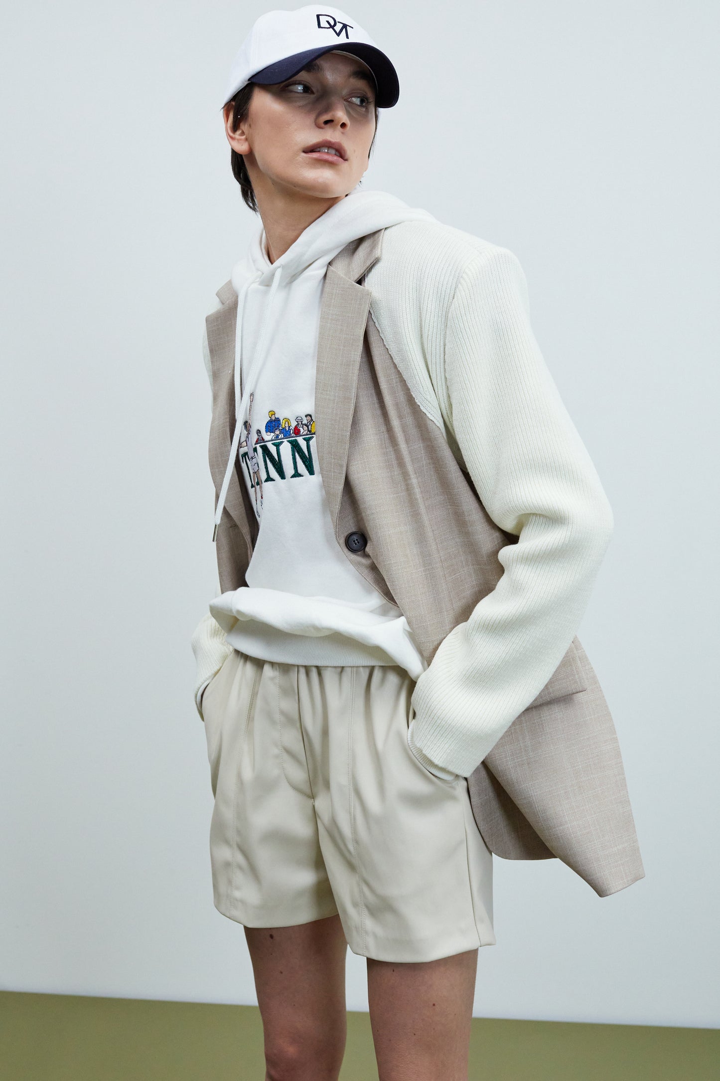 Knitted Sleeve Suit Blazer, Meringue & Beige