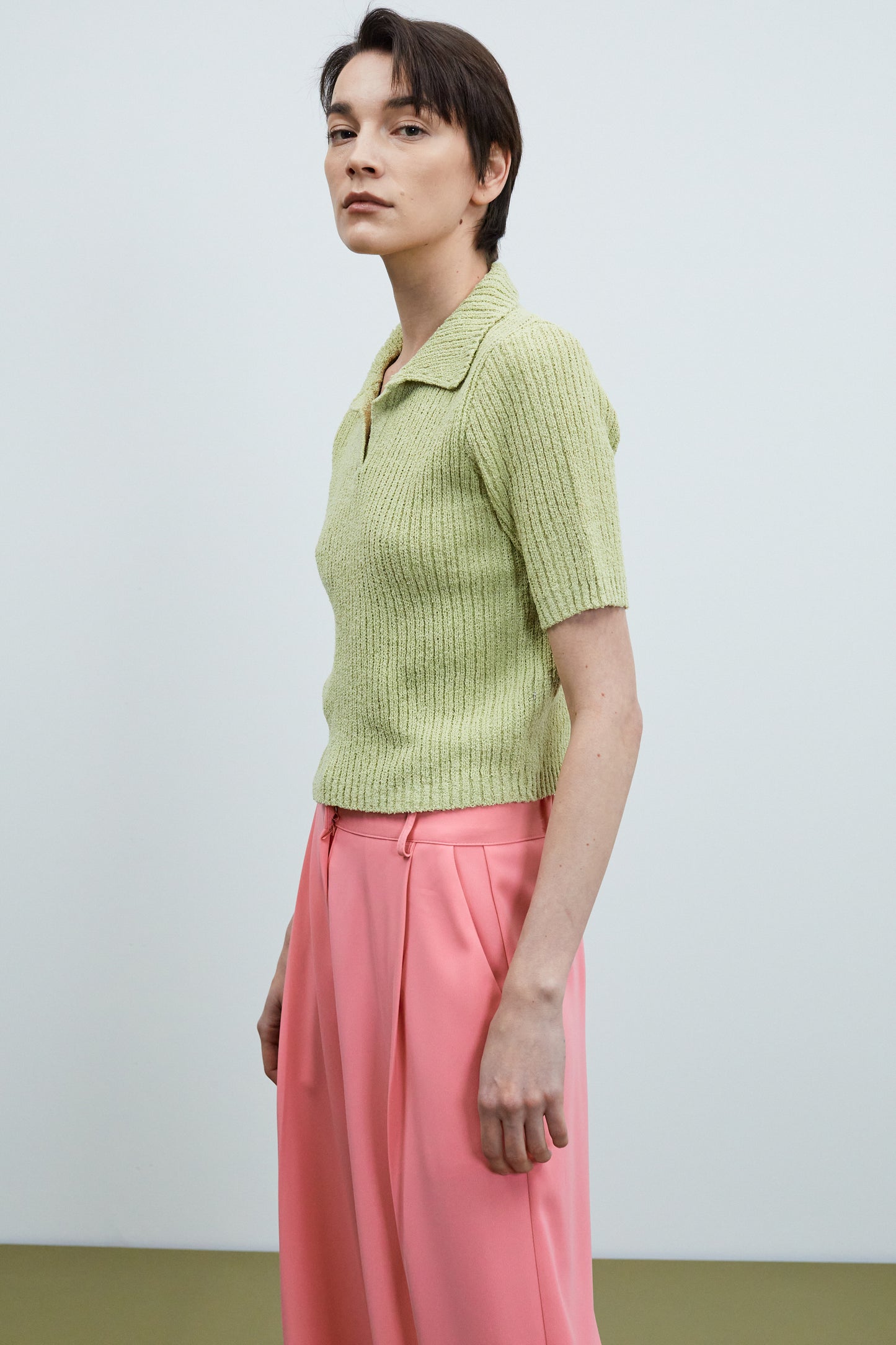 Crop Ribbed Polo Knit, Olive